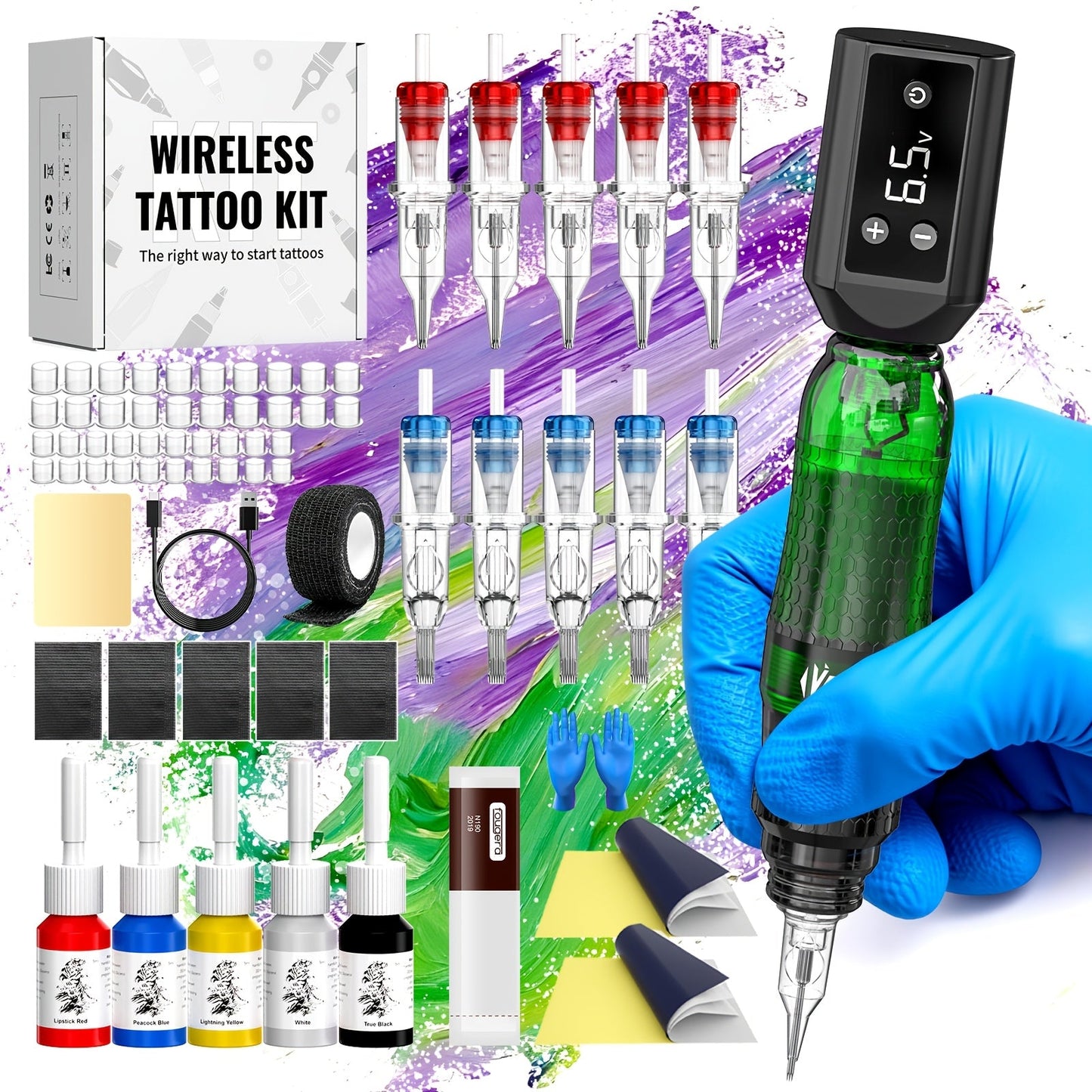 Tattoo Pen Kit VOID Wireless 1200mAh Anti-Slip Grip 4-12V Adjustable 10 Cartridge Needles 5 Ink Shades 3-4 Hour Battery Rotary Tattoo Gun for Beginners Purple Green