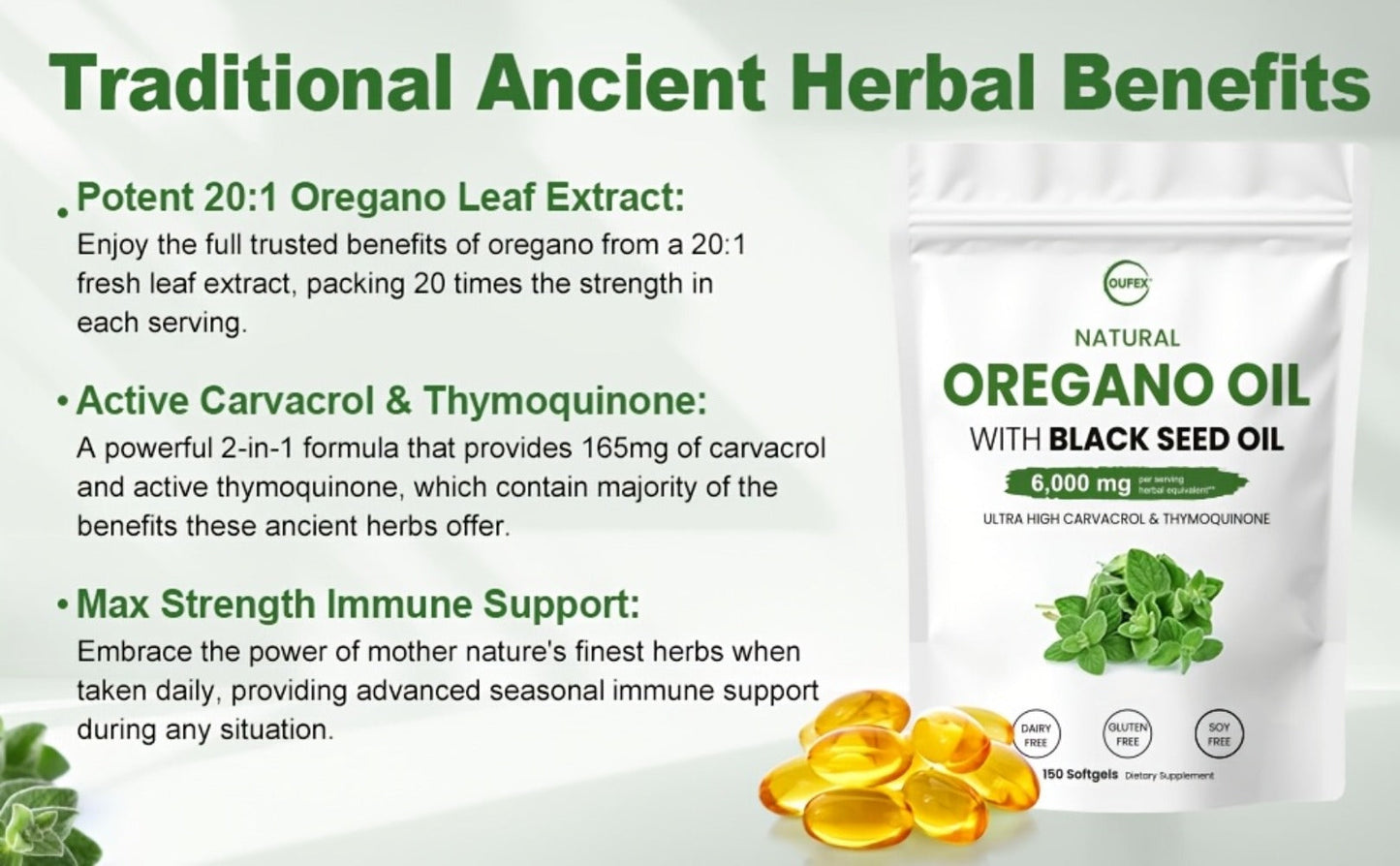 Oregano Oil Softgels with Black Seed Oil – High Carvacrol & Thymoquinone Formula | Plant-Based Immune Defense, Antioxidant & Seasonal Wellness Support Supplement for Men & Women | 150 Softgels
