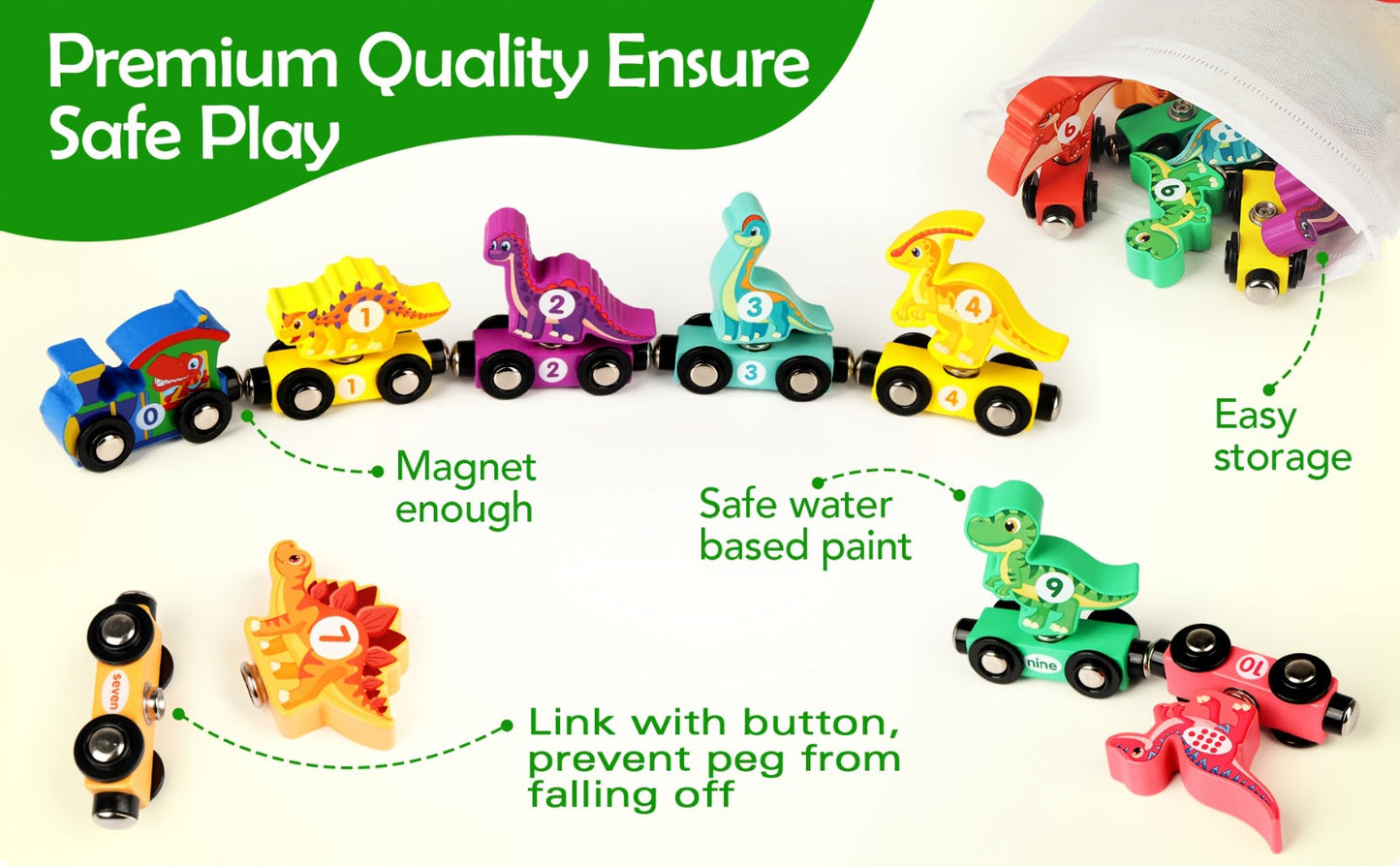 Magnetic Dinosaur Number Train Set for Kids Ages 3-5 – 11PCS Wooden Magnetic Train Toy with Engine & Numbered Cars, STEM Educational Learning Toy, Birthday Christmas Gift for Toddler Boys