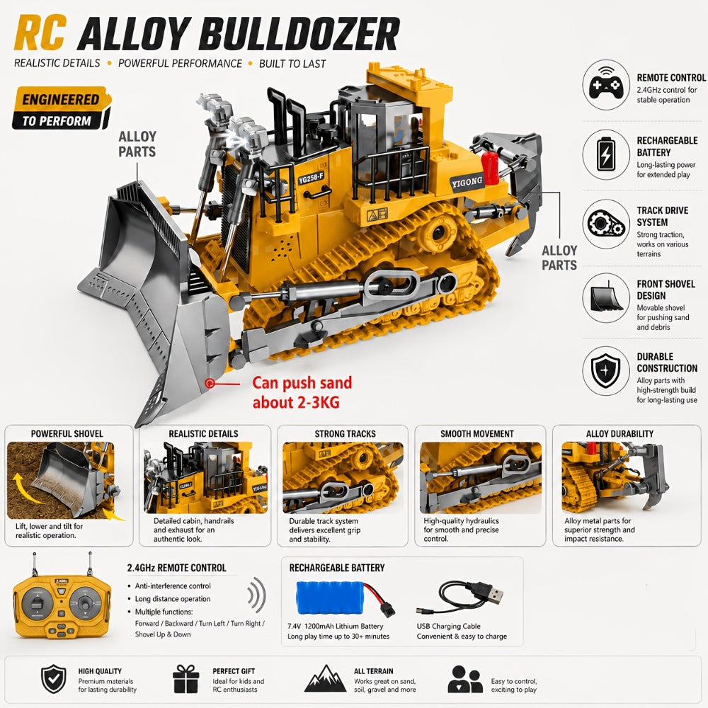 RC Bulldozer 9-Channel 2.4GHz Remote Control – Multifunctional Engineering Vehicle Toy with Alloy Metal Cover | Indoor Outdoor RC Construction Toy, Birthday & Christmas Gift for Boys Ages 6+