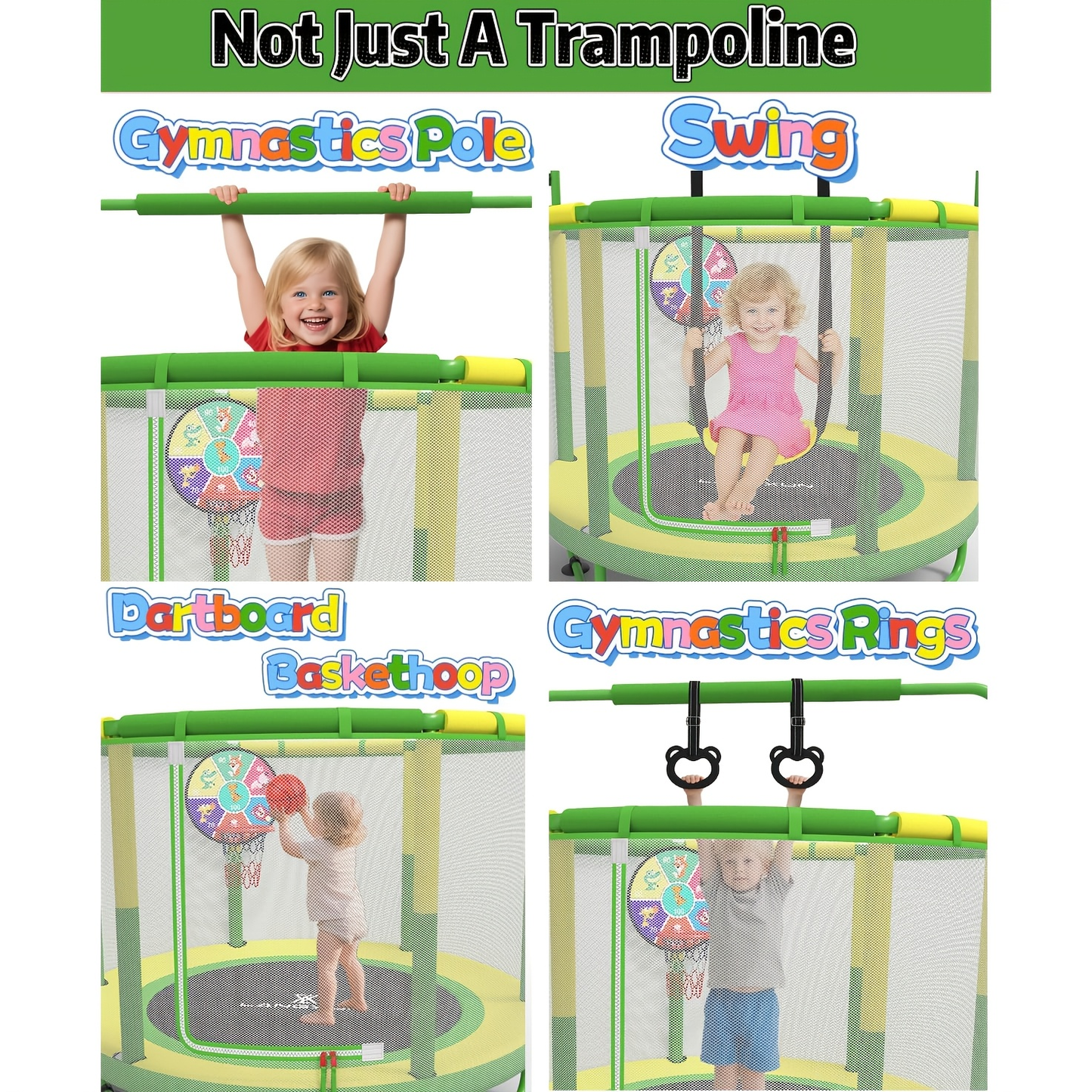 60 Inch Kids Trampoline 6-in-1 with Safety Net Enclosure, Basketball Hoop, Swing, Dart Board & Gymnastic Rings – Indoor Outdoor Toddler Trampoline for Boys Girls, 5ft Fun Activity Center