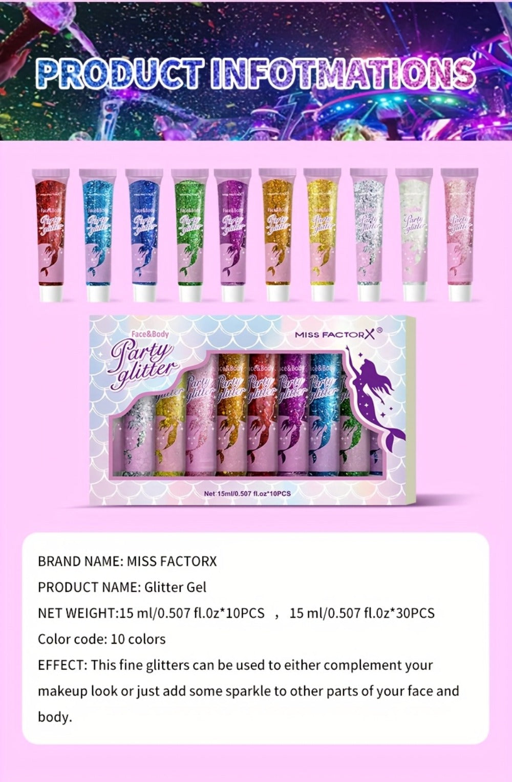 Holographic Glitter Gel Set 10 Colors Cosmetic Grade Face Body Makeup - Festival Rave Cosplay Anime Halloween Party Shimmer Skin Safe Easy Apply Remove