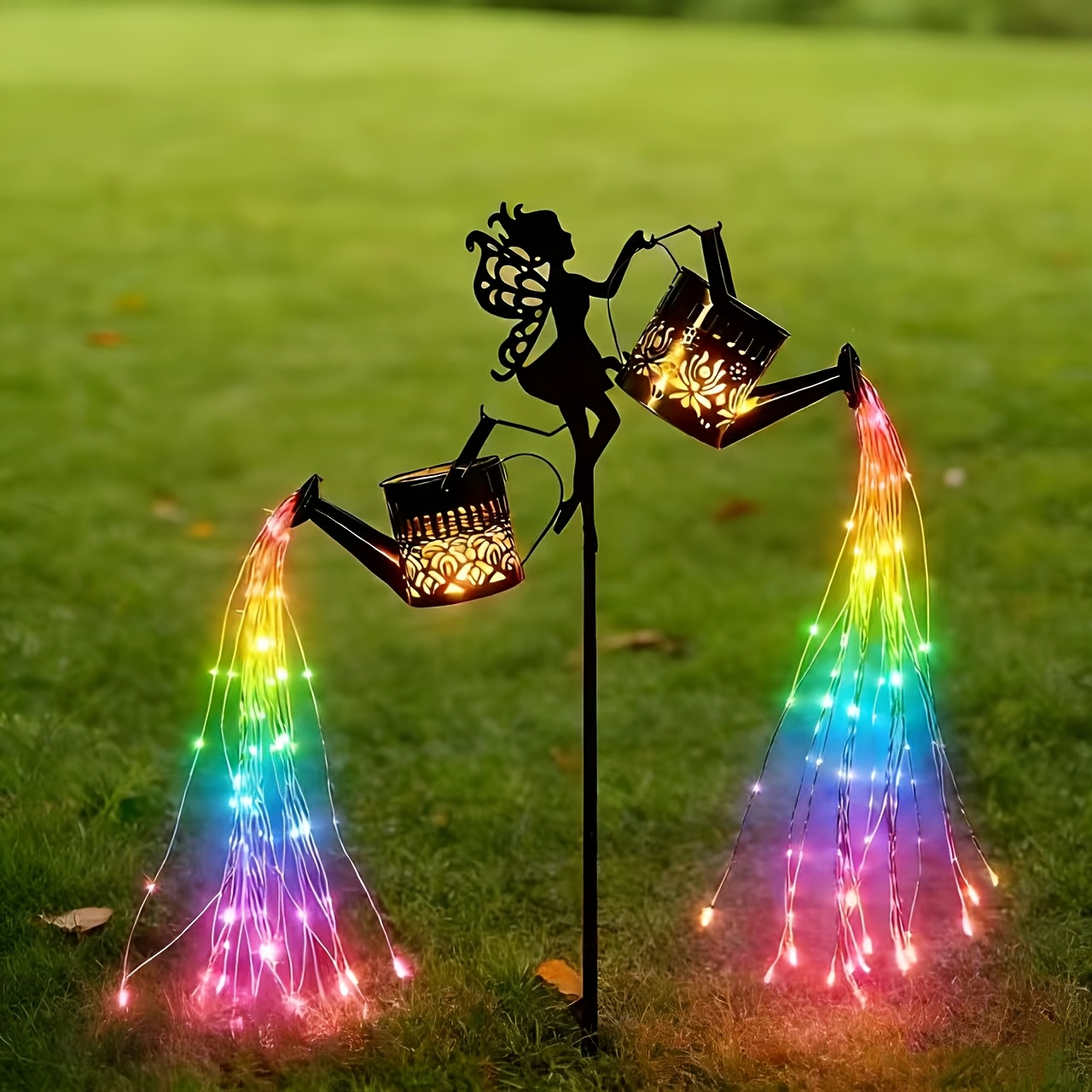 Solar Garden Light - Outdoor Fairy Statue Lamp with Rainbow Waterfall String Lights & Rose Lantern Multicolor LED Decor