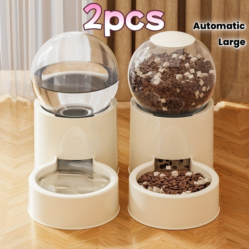 Gravity Pet Feeder & Water Dispenser Set 2-Pack - Large Capacity Automatic Food & Drinking Station for Cats & Dogs, Battery-Free, Reusable Filter, Travel-Friendly, Beige