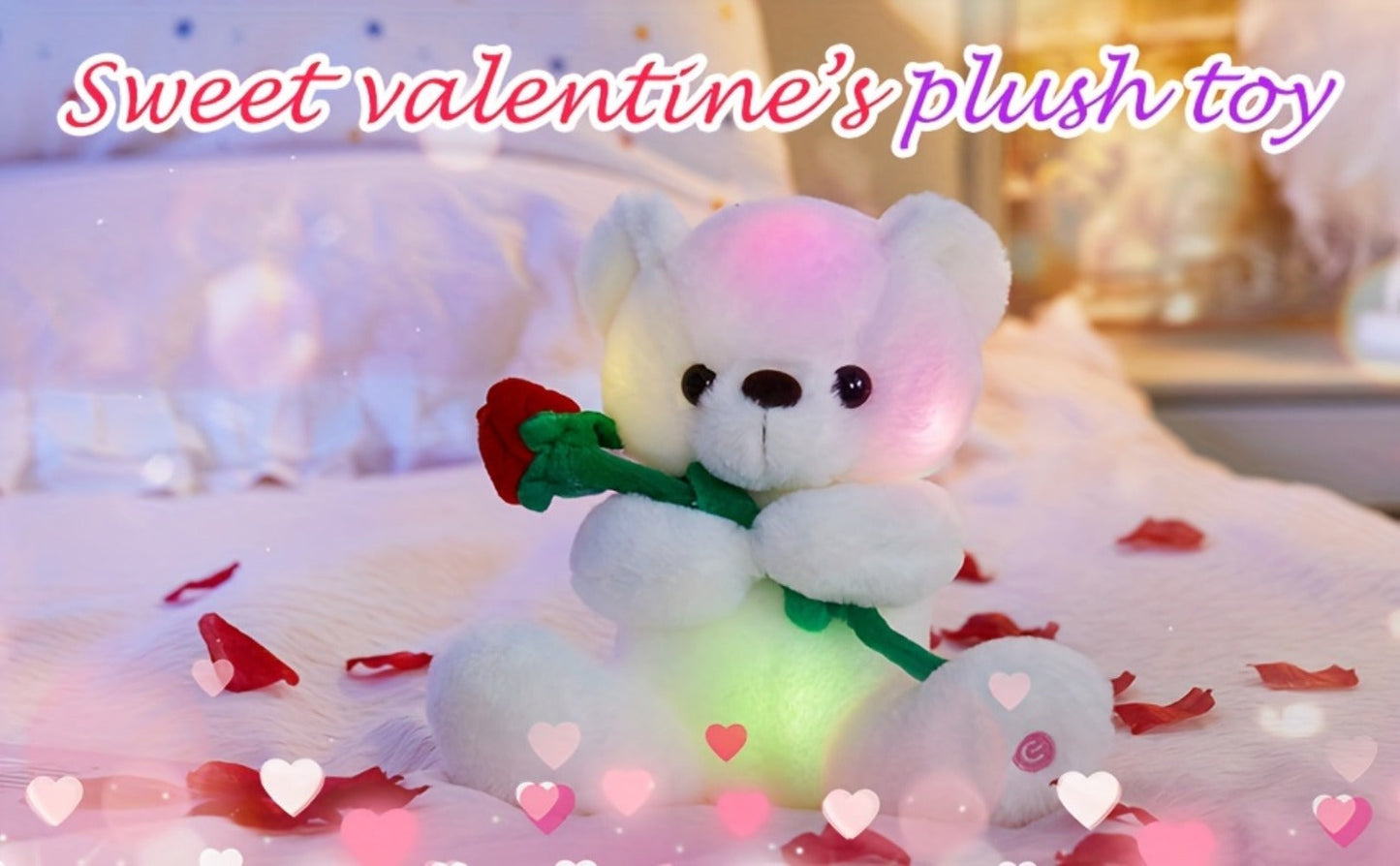 Rose Bear Plush with LED Light Glowing White Bear with Flowers Romantic Stuffed Animal Gift for Her Women Girls Girlfriend Mom Valentine's Day Mother's Day Birthday Anniversary