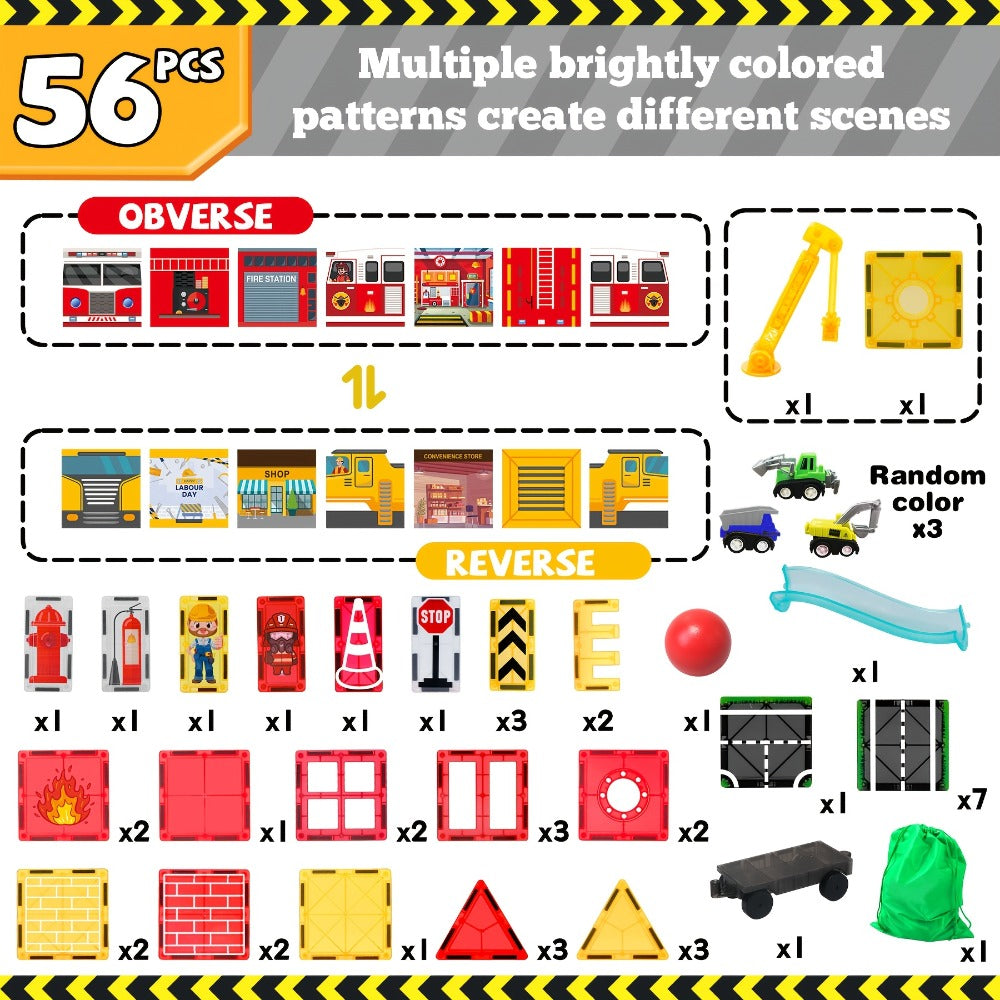 Magnetic Tiles Firefighting Theme Building Set for Kids – Fire Truck Fire Station Roads Crane & Car Toys, STEM Educational Magnetic Blocks for Boys Ages 3 4 5 6, Birthday Gift for Young Builders