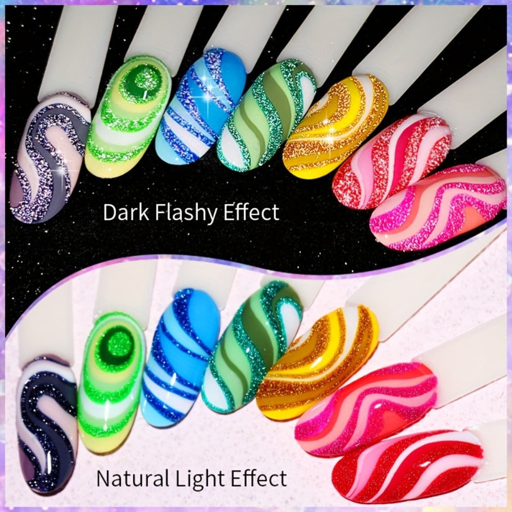 Reflective Glitter Line Gel Nail Polish 9pcs Set – LED Cure Stripe Liner Pull Line Graffiti Sparkling Nail Art Kit for Salon & DIY Home Manicure, 5ml Each Long Lasting Chip Resistant