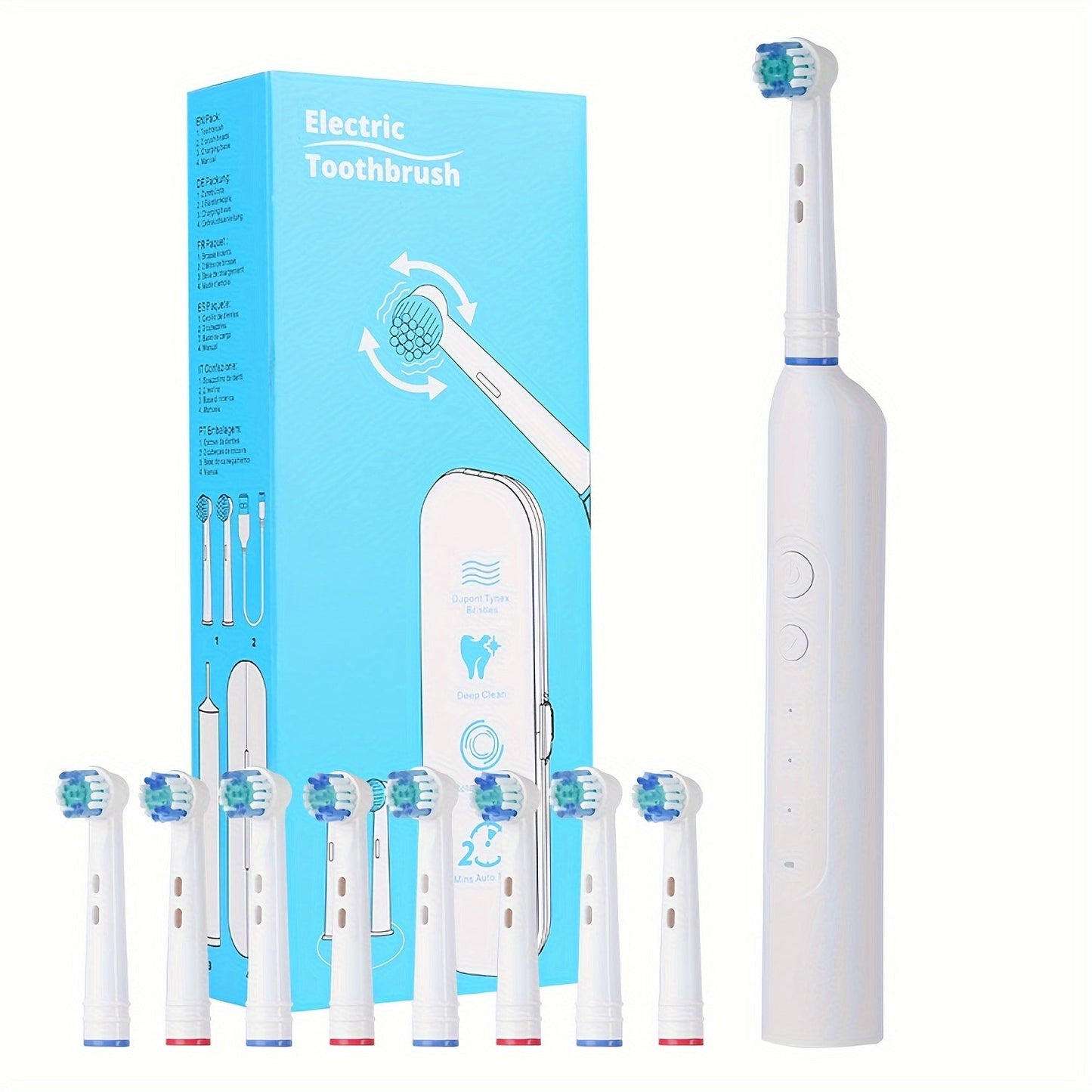 IPX7 Waterproof Electric Toothbrush with 8 Brush Heads & Travel Case – 3 Rotating Cleaning Modes, USB Type-C Fast Charge, Shower-Safe Sonic Toothbrush for Adults, Black & White