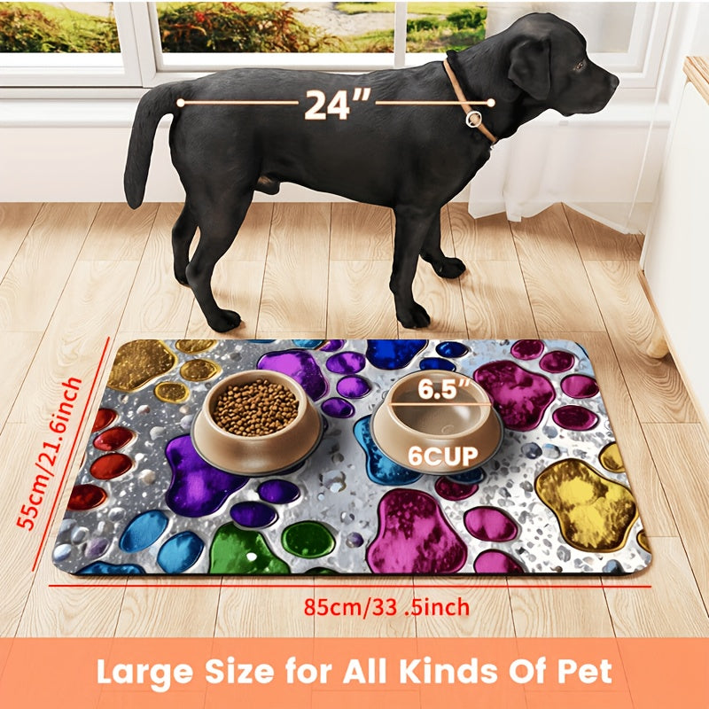 Pet Feeding Mat – Absorbent & Splash-Proof Dog & Cat Food Bowl Mat, Non-Slip Quick-Dry Heavy-Duty Floor Protector for Hardwood & Carpet, Colorful Paw Pattern, Ideal for Messy Eaters & Multi-Pet Homes | S M L XL