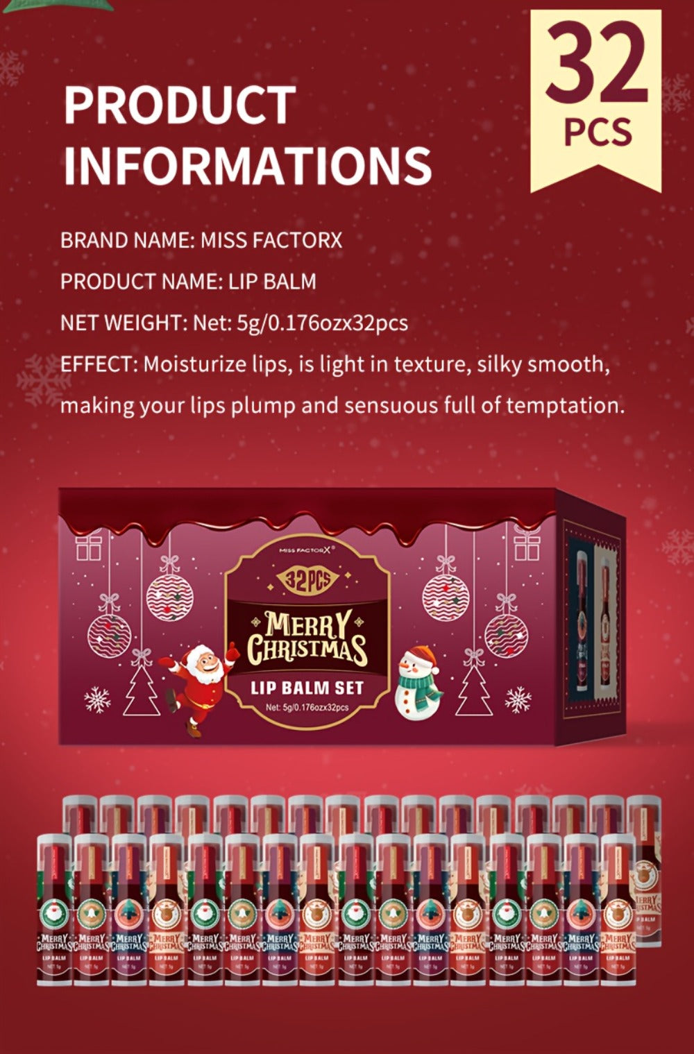 Christmas Lip Gloss & Balm Set 32 Pcs — MISS FACTOR Holiday Gift, Long-Lasting Hydrating Smudge-Proof Formula, Lipstick-Like Tubes, Festive Stocking Stuffer for Women Girls & Beauty Lovers
