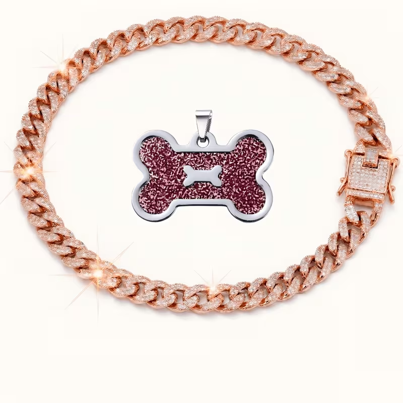 Pet ID Tag & Cuban Link Collar Set – 2pcs Engravable Bone-Shaped Tag with Rhinestone Collar for Dogs & Cats S to 4XL