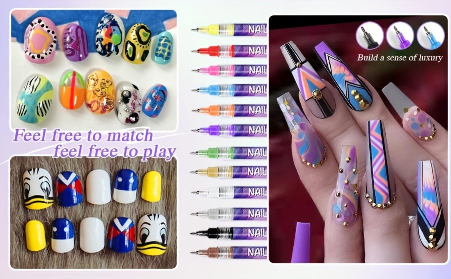 Metal Rod Nylon Brush Nail Art Pen Set 12 Colors - Acrylic Paint Pens for 3D Doodle Dot & Stitching Nail Design, Quick-Dry Long-Lasting Detail Tools for Home & Salon, Beginner Gift