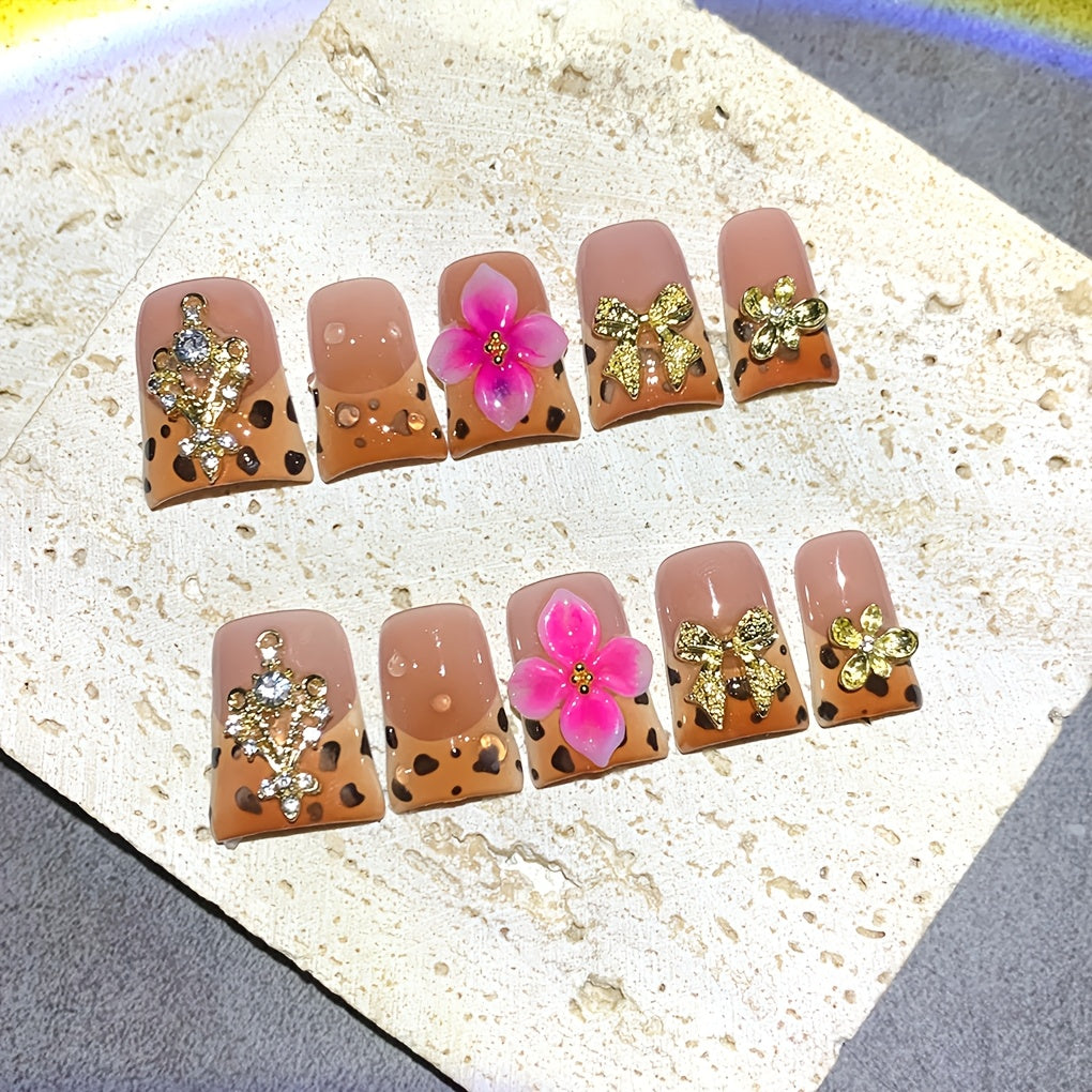Press On Nails 5D Carved Duckbill Shape Medium Length Brown Pink Gradient Flower Milk Pattern Glossy Handmade Autumn Winter Fake Nails 10pcs Salon Quality UV Protected for Party Banquet Birthday Gift