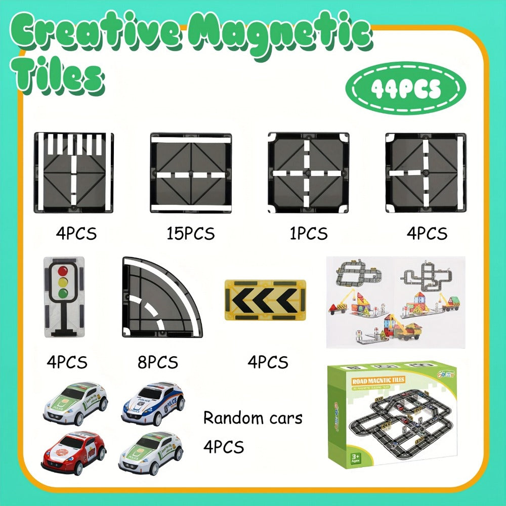 Magnetic Road Track Set 44 Pcs Kids Flexible Snap-Together Road Builder Tiles with Pull-Back Cars – STEM Construction Toy for Toddlers Boys Girls Ages 3+, Birthday Christmas Gift