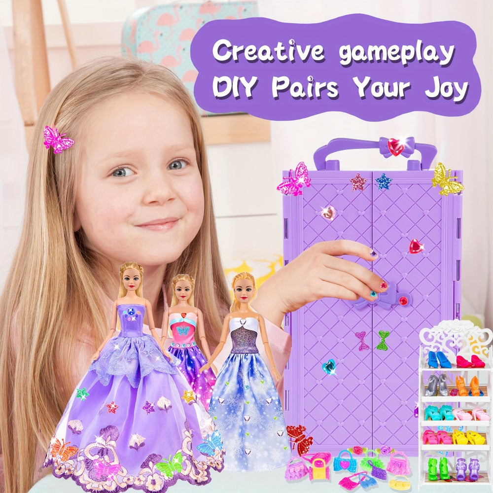 Doll Clothes & Closet Playset 91pcs for 11.5 Inch Fashion Dolls – Wardrobe with Princess Gowns, Dresses, Shoes, Handbags & Accessories, Creative Dress-Up Toy Gift Set for Girls Ages 3+