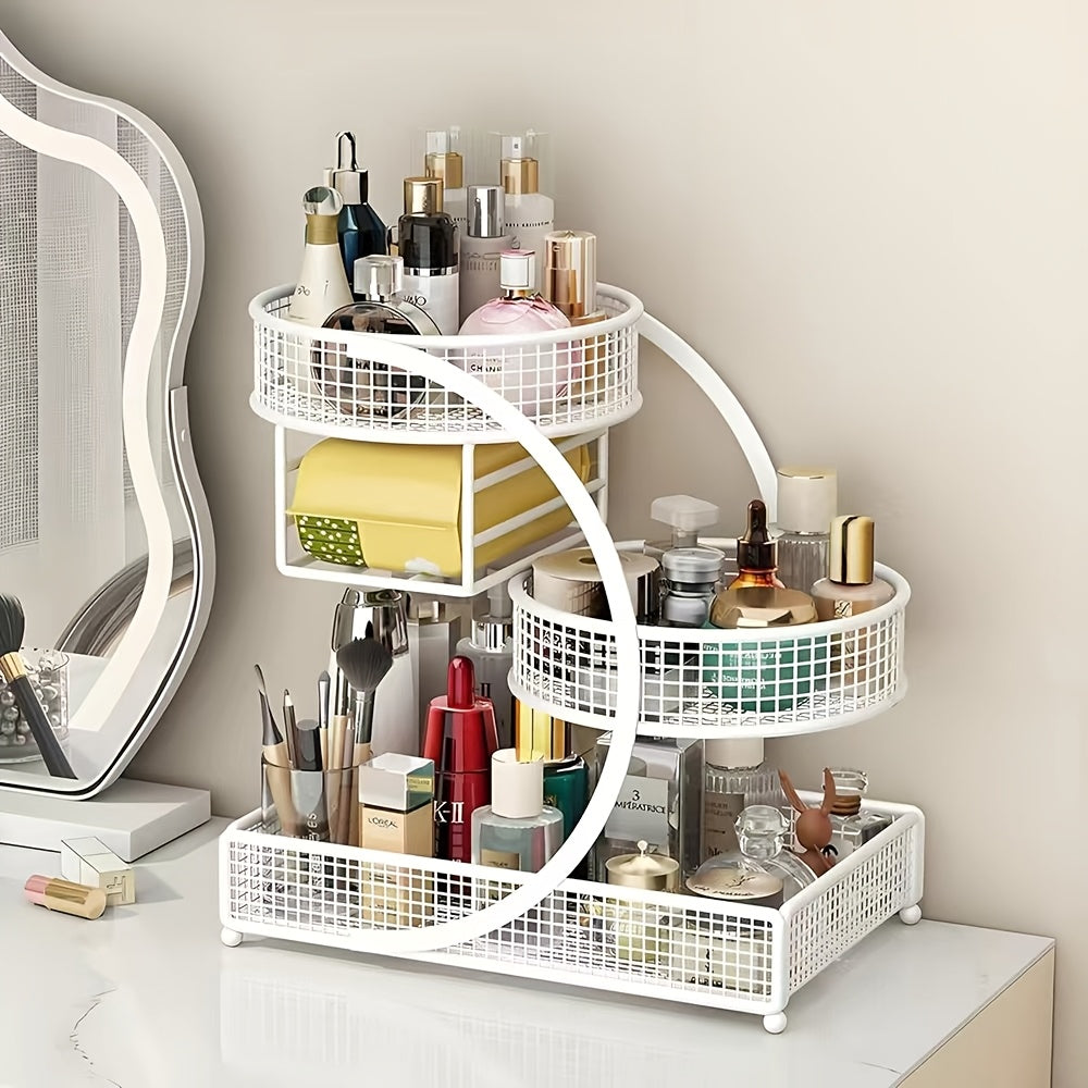3-Tier Metal Cosmetic Organizer with Tissue Box Holder No-Installation Countertop Makeup Skincare Storage Rack for Bathroom Dresser Vanity Table Black White