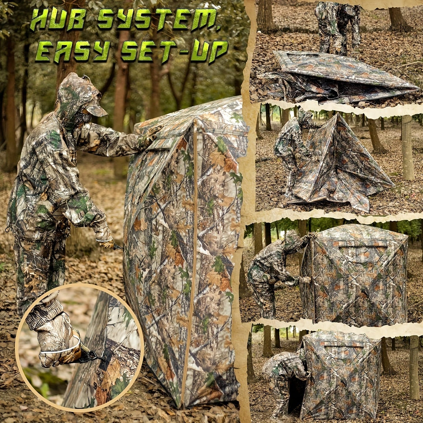Pop-Up Hunting Blind 270 Degree See-Through for 2-3 Person, Camouflage Ground Blind with Carrying Case for Deer Turkey Hunting, Quick Setup Polyester Hunting Shelter Tree Trunk Fallen Leaves Camo