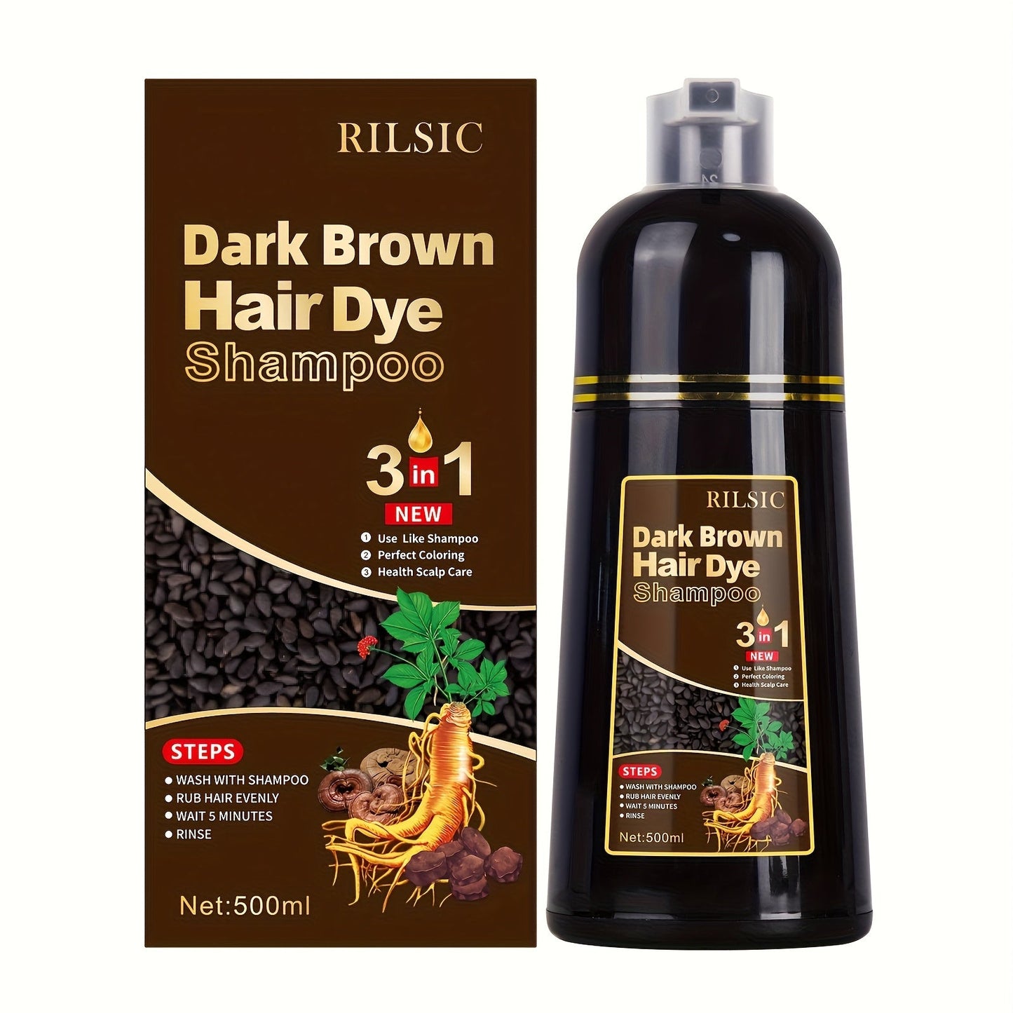 3-in-1 Hair Color & Gray Coverage Shampoo Ammonia-Free Natural Herbal Formula — Colors Covers & Cleanses in Minutes, 30-Day Lasting Color, 16.91oz / 500ml for Men & Women All Hair Types