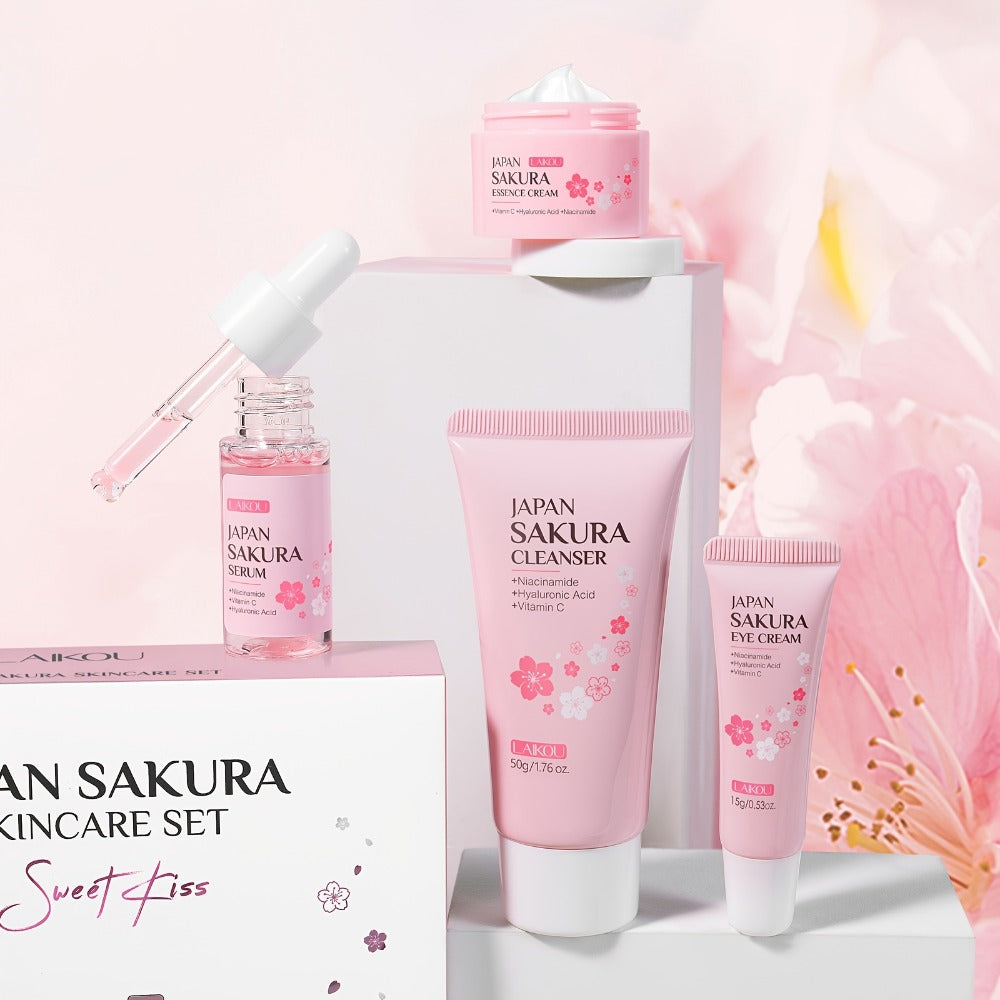 Niacinamide Brightening Sakura Skincare Gift Set 4pcs Serum Eye Cream Moisturizer Foam Cleanser - Complete Brightening Hydrating Routine for Uneven Complexion Dark Spots Women