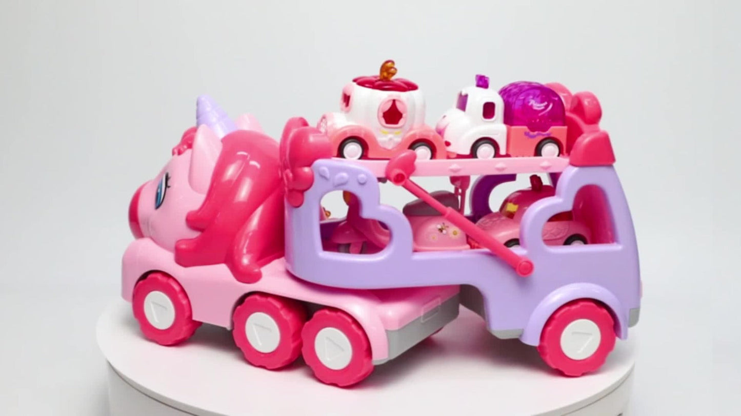 Pink Carrier Truck Toy with 4 Mini Cars, Music & Lights – Battery Powered Pull-Back Transport Vehicle for Girls Boys Ages 3+, Holiday Birthday Christmas Gift
