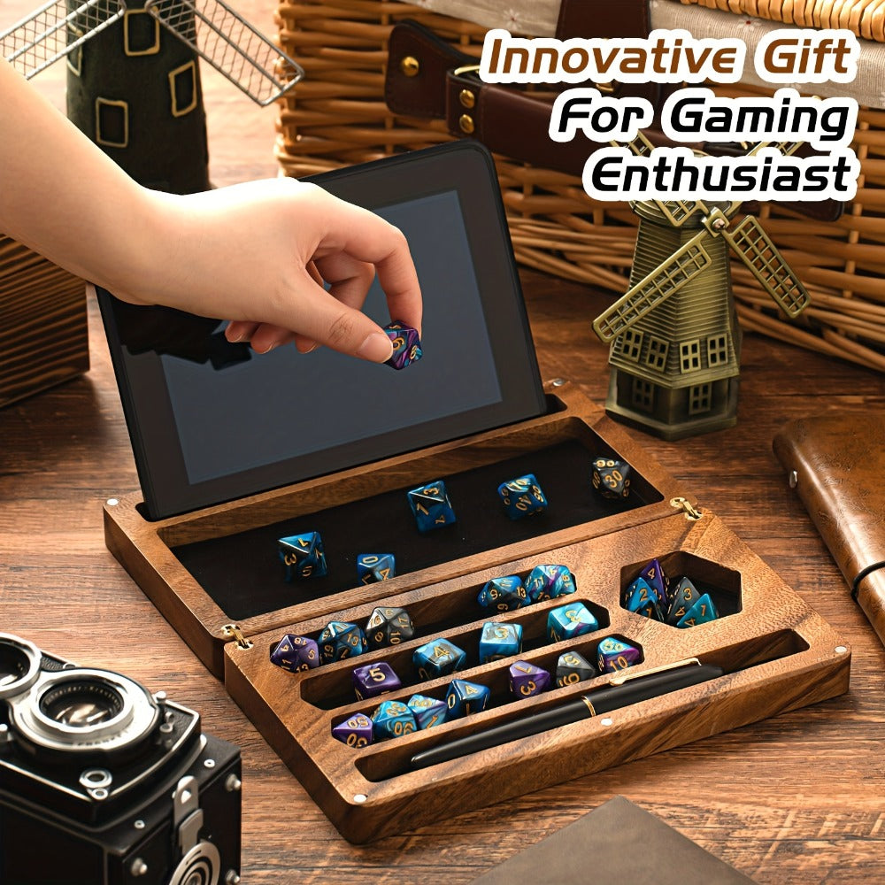 Walnut Dice Box & Rolling Tray 4.8x9 Inch Handmade – Magnetic Flip Lid, Dice Storage, Phone & Tablet Stand for Tabletop RPG Board Games, DnD Accessories & Gamer Gift