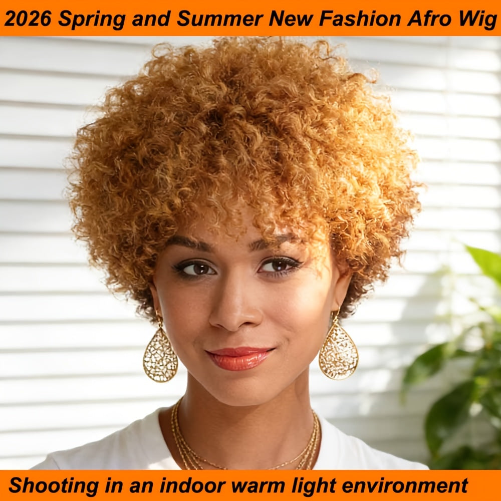 Short Kinky Curly Afro Wig Human Hair Glueless for Black Women 6 Inch — Natural Afro Puff Kinky Coily Wig Deep Grey Camel Ginger for 70s 80s Cosplay Party Daily Wear