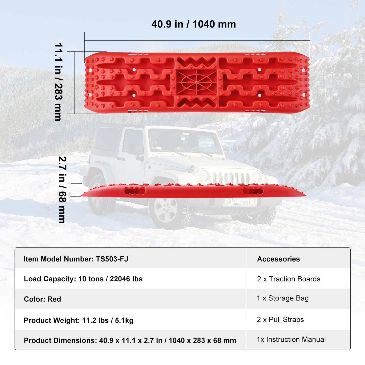 Traction Boards 2-Pack – 10-Ton Off-Road Vehicle Recovery Boards for Mud, Sand & Snow, High-Strength PP with Pull Straps & Storage Bag for SUV, Truck & RV