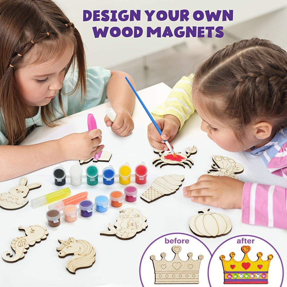 Glow in the Dark Craft Kit for Kids – 30pcs DIY Wooden Fridge Magnets Painting Set with Gem Stickers, Wood Art Activity, Party Favor Birthday Christmas Gift for Girls Boys Ages 6+