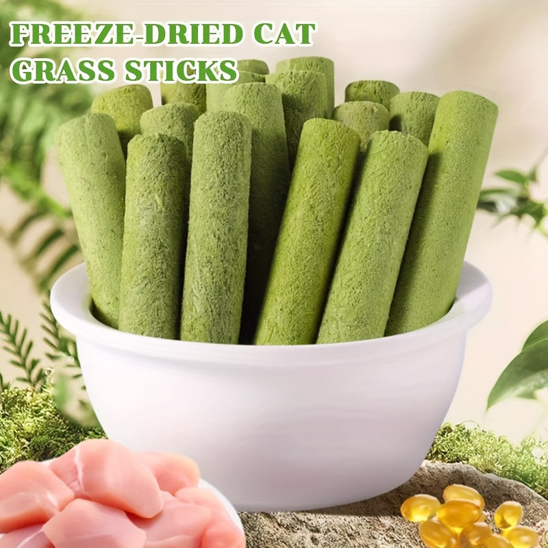 Cat Grass Sticks for Hairballs – Freeze-Dried Treats with Instant Granules & Hair Cream Tablets for Indoor Cats 15pcs
