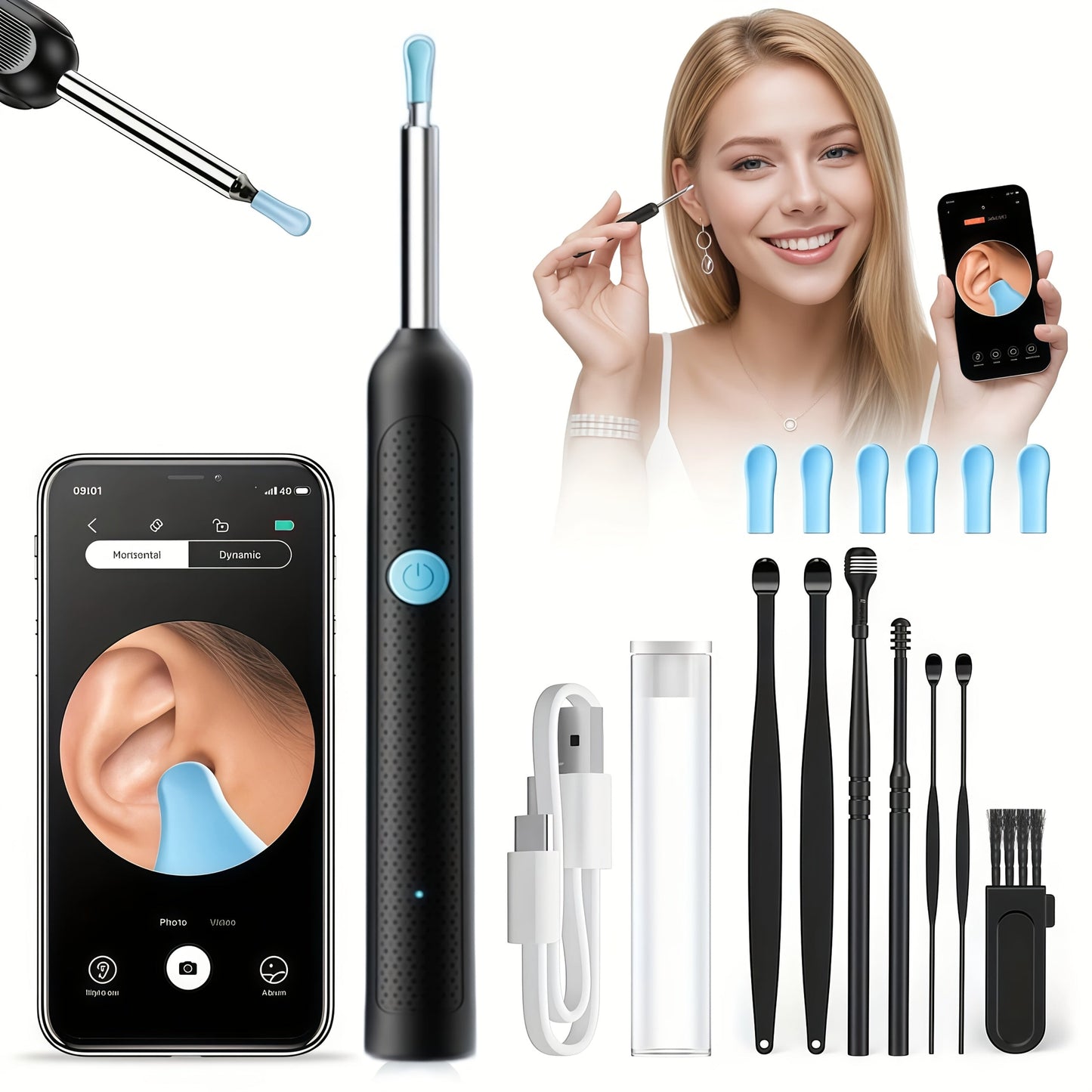 Visual Ear Pick Set 7-Piece Earwax Removal Tool with Camera and Light – Ear Pick Covers Included, Compatible with All Smartphones, Safe Home Ear Cleaning Kit for Adults