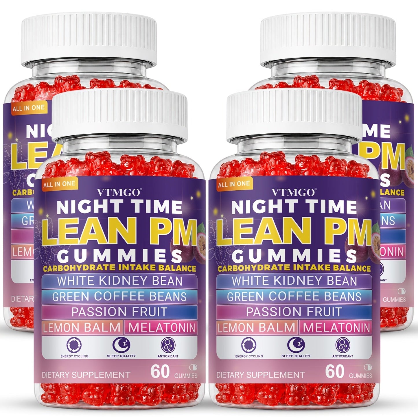 Sleep Gummies with Melatonin, Lemon Balm & Passionflower — Night Time Lean PM Formula | White Kidney Bean, Green Coffee | Relaxation, Restful Sleep & Nighttime Wellness | 60 Gummies