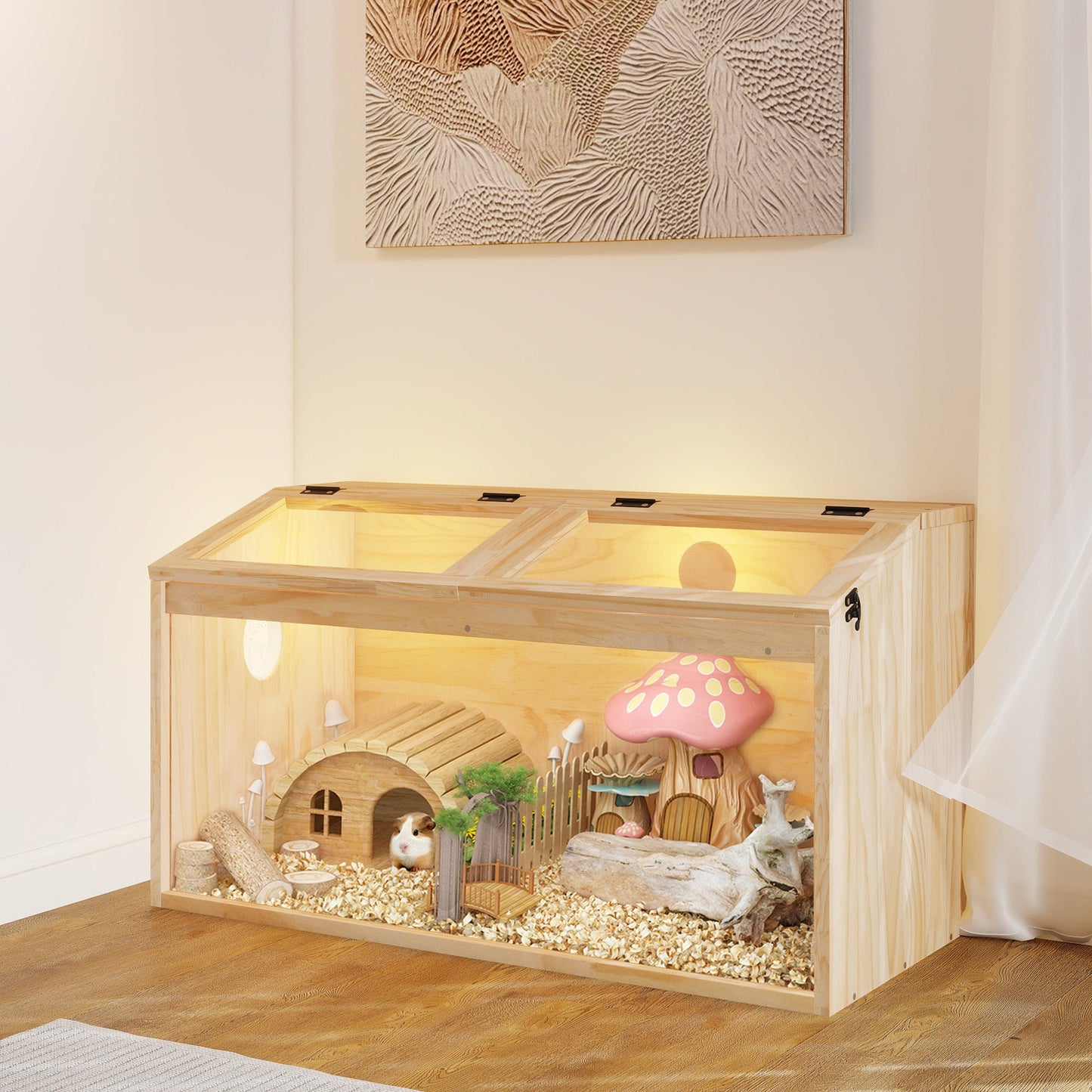 Large Hamster Cage Wooden Enclosure – 32"L x 16"W x 16"H with Acrylic Window & Openable Top | Small Animal Habitat for Guinea Pig, Chinchilla & Gerbil | Clear Visibility, Ventilated, Easy Clean
