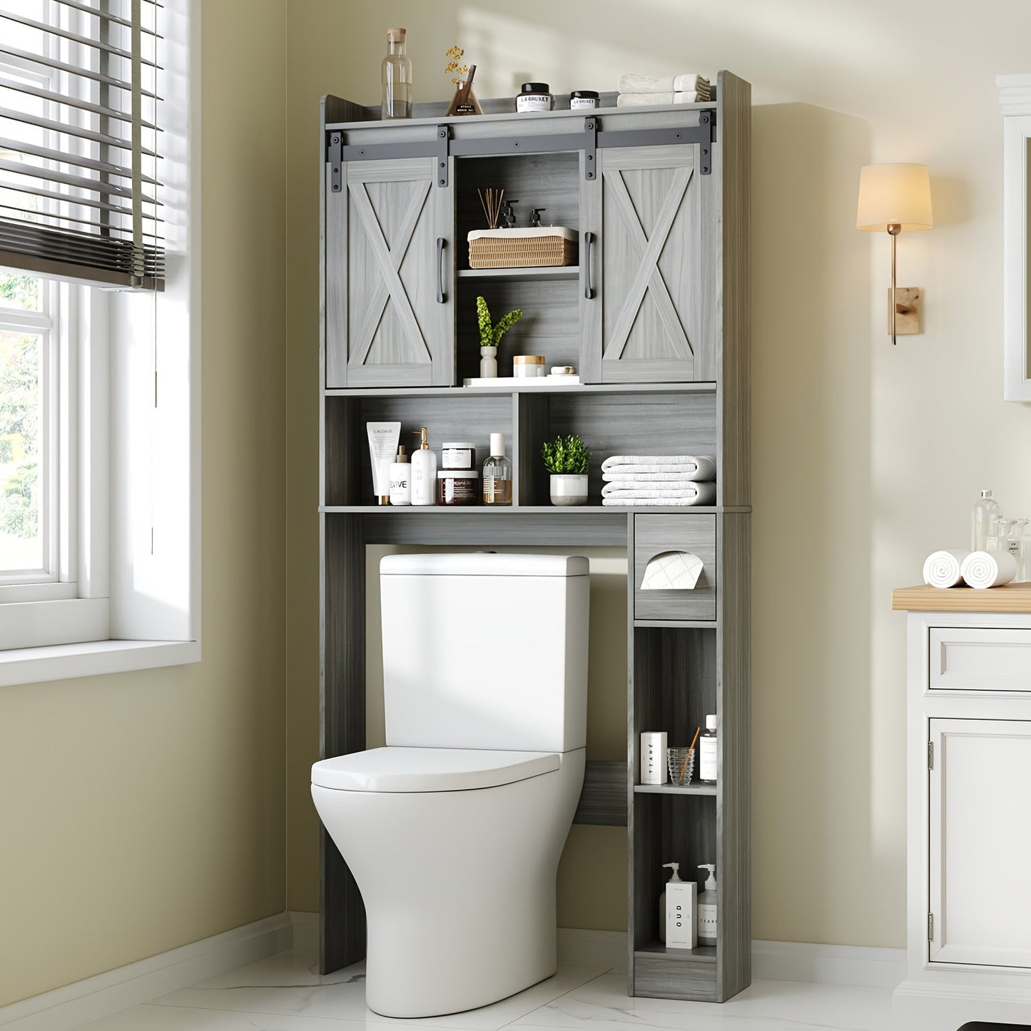 Bathroom Storage Cabinet shown in the Dark Grey02, Sliding Doors option