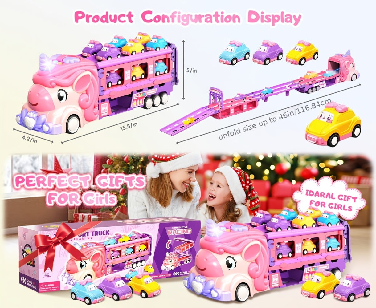 Pink Unicorn Monster Truck Track Set with 8 Princess Cars, Lights & Sounds – Friction Power 2-Player Fold-Out Track Toy for Girls Boys Ages 3+, Birthday Holiday Gift
