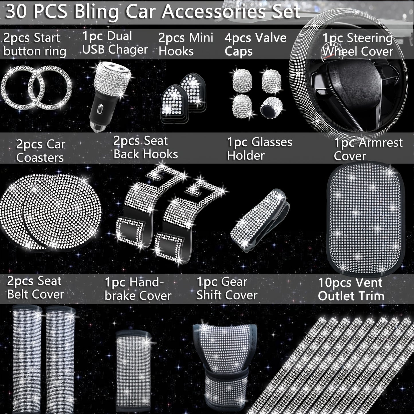 30pcs Bling Car Additions Set for Women, Steering Wheel Covers Universal Fit 15 Inch, Seat Belt Covers, Armrest Cover, Gear Shift Covers