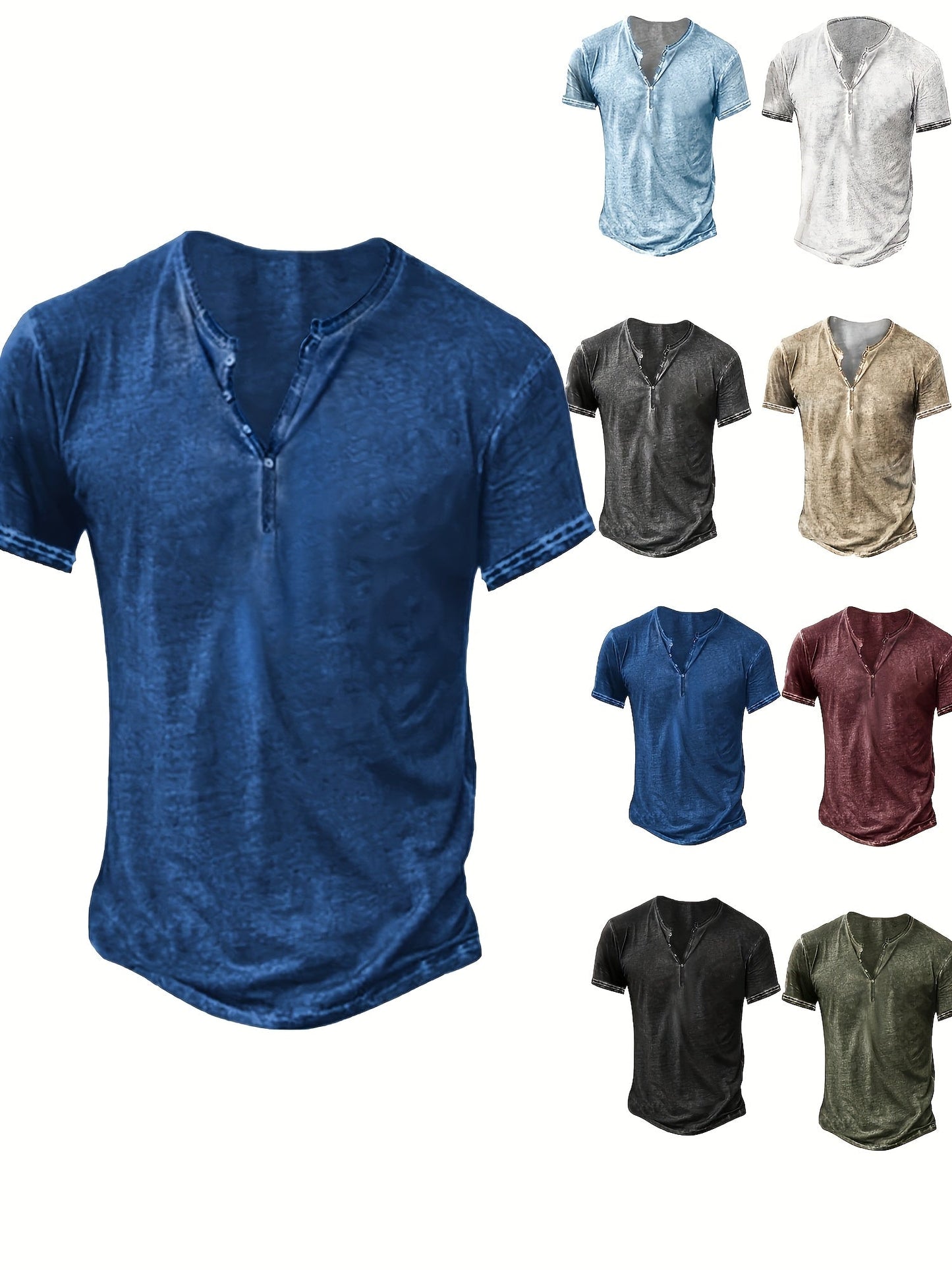 Men's Solid Color Henley Shirt - Collared Short Sleeve 408101