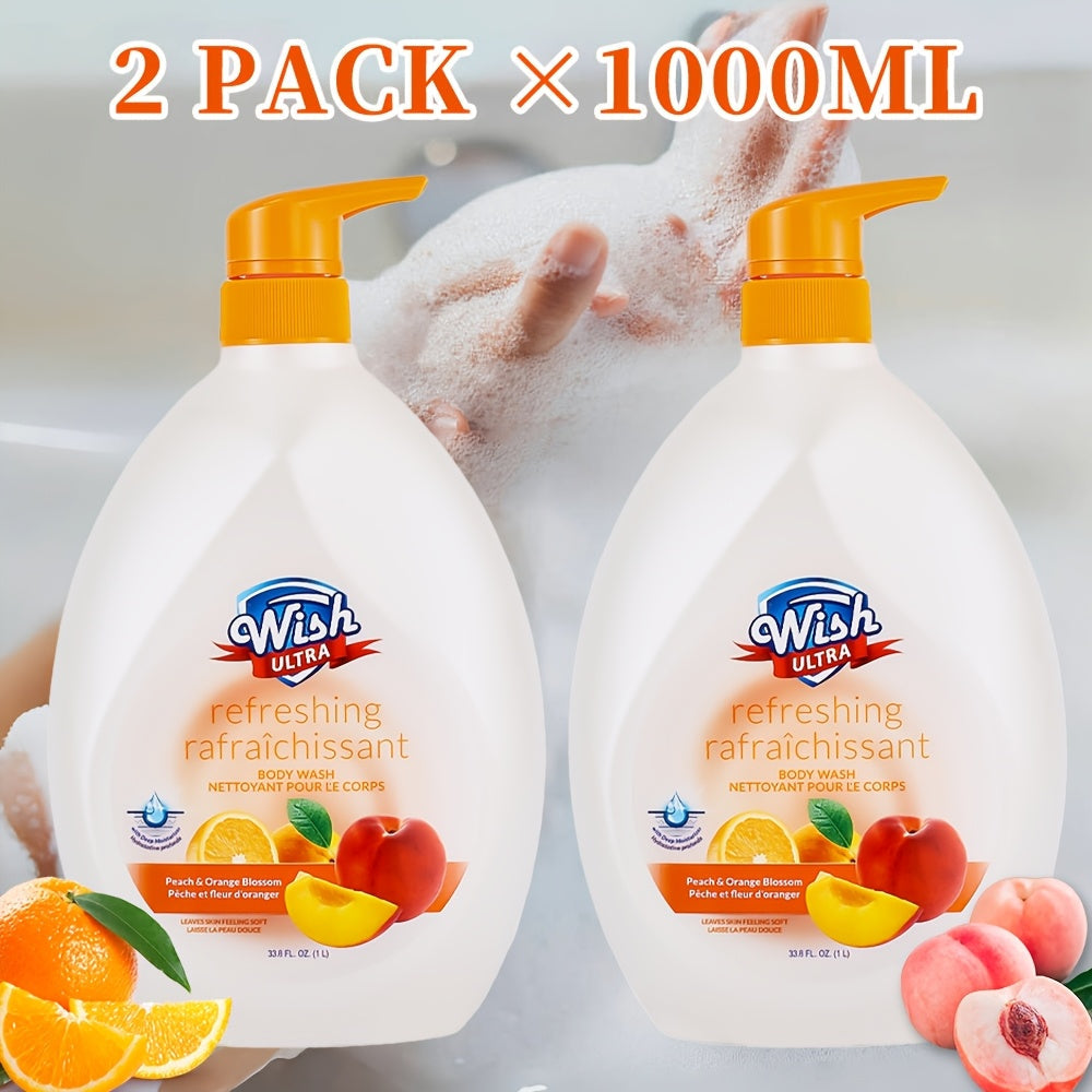 Moisturizing Body Wash 2-Pack 33.8 fl oz Each — Deep Cleansing Shower Gel for Women & Men, Long-Lasting Scent, Hydrating Formula, All Skin Types, Cucumber, Milky, Mango & Peach Fragrances