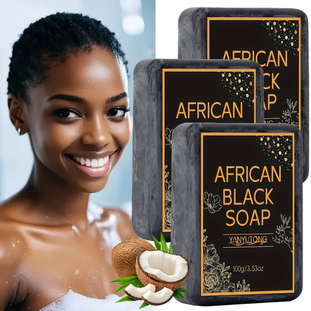 African Black Soap Bar 3-Pack 100g Each with Shea Butter & Coconut Oil — Deep Cleansing Moisturizing Face & Body Wash, Alcohol-Free Natural Soap for Acne, Dry, Oily & Sensitive Skin | All Skin Types