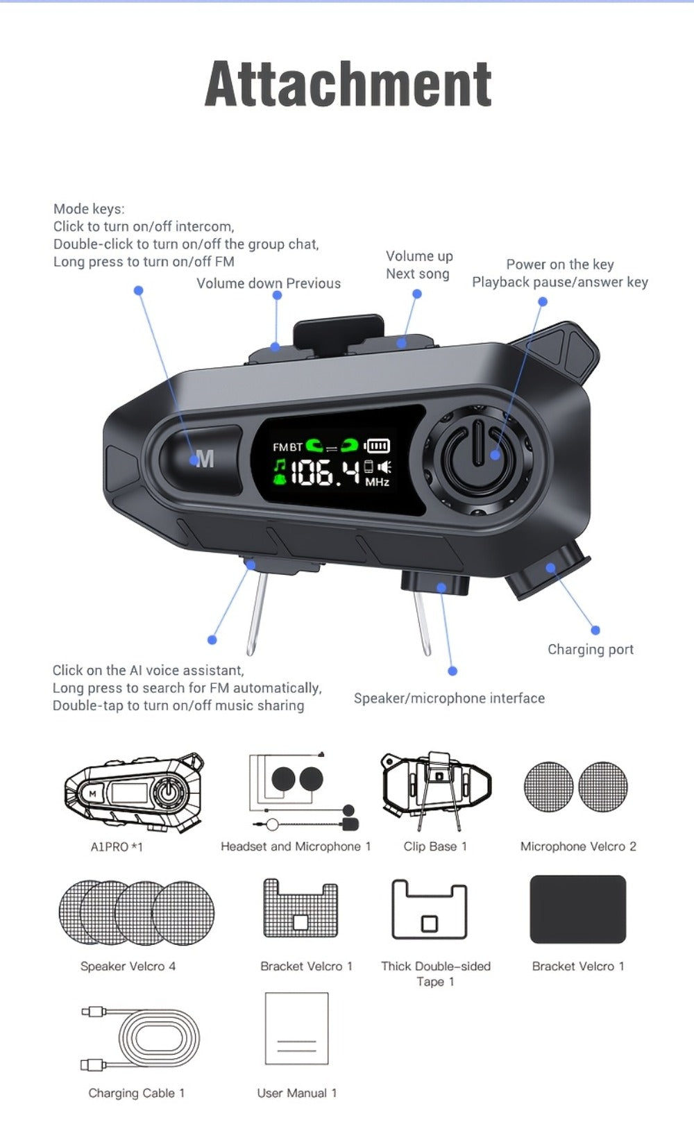 Motorcycle Helmet Bluetooth Intercom Headset 500M Range Bluetooth 5.3 LED Display Noise Cancelling Voice Control FM Radio Music Sharing for Off-Road Riding