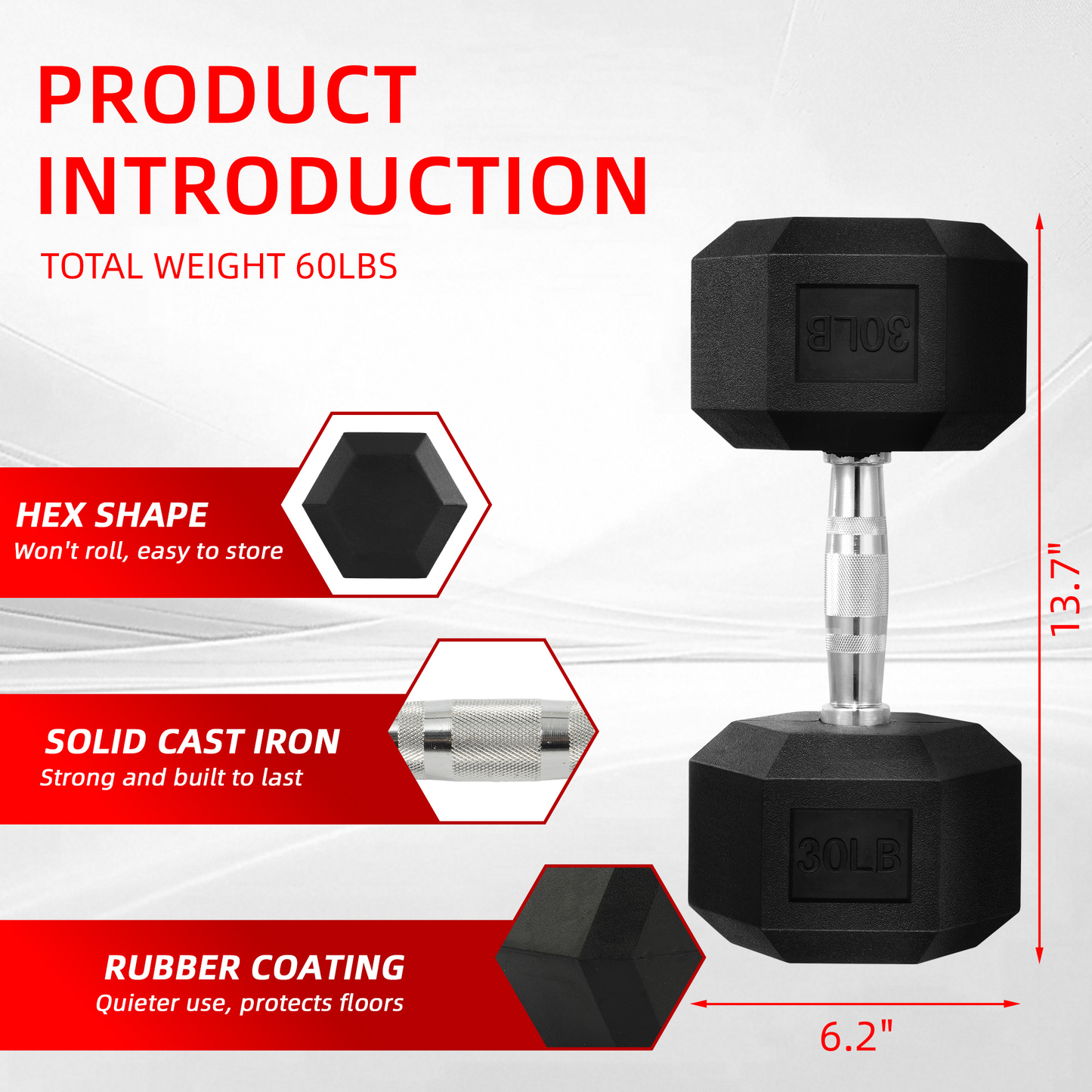 Rubber Hex Dumbbell Set – Solid Cast Iron, Hexagonal Anti-Roll Design, Chrome Ergonomic Handle, Non-Slip Grip – 25lb or 30lb Pair for Home & Gym Strength Training