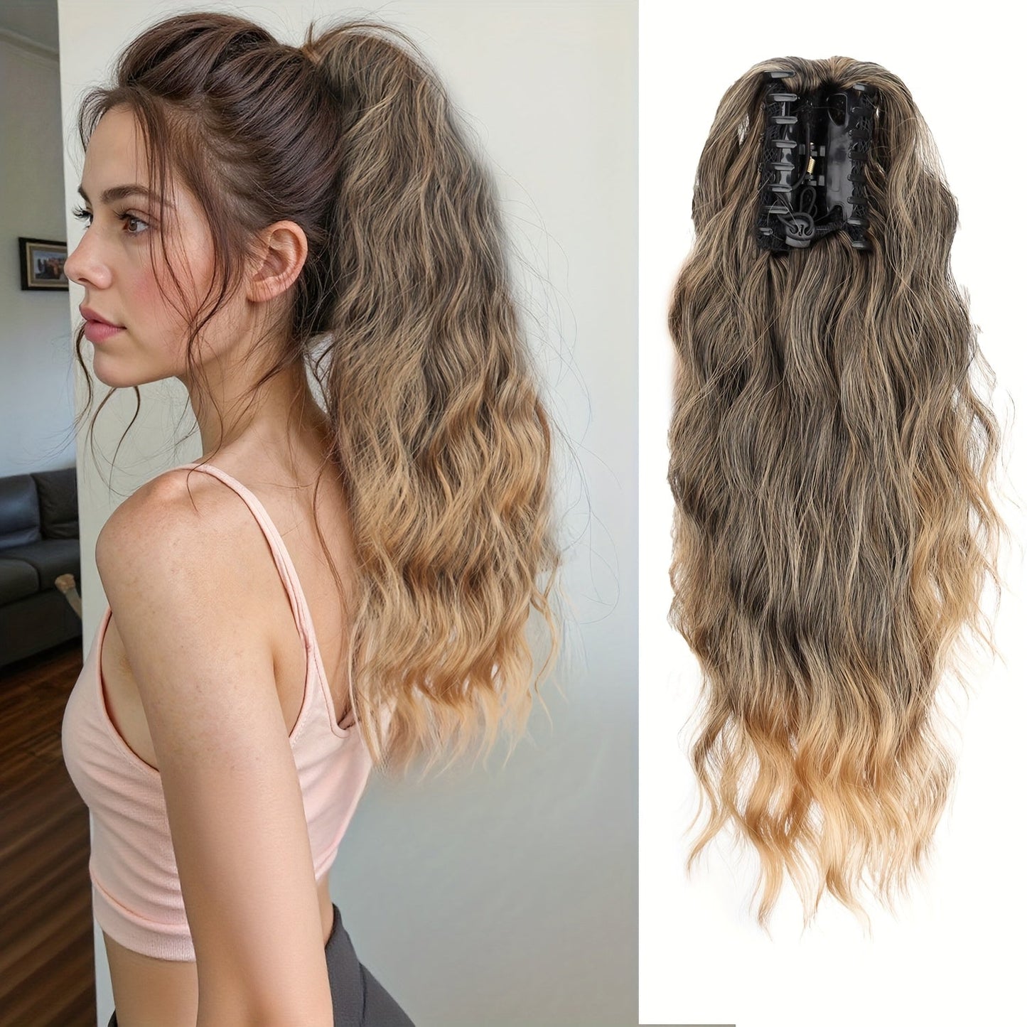 Water Wave Ponytail Extension 16 Inch Claw Clip – Heat Resistant Synthetic Voluminous Curly Hairpiece for Women | Daily Wear Party Wedding | Black Burgundy Brown Golden Multicolor