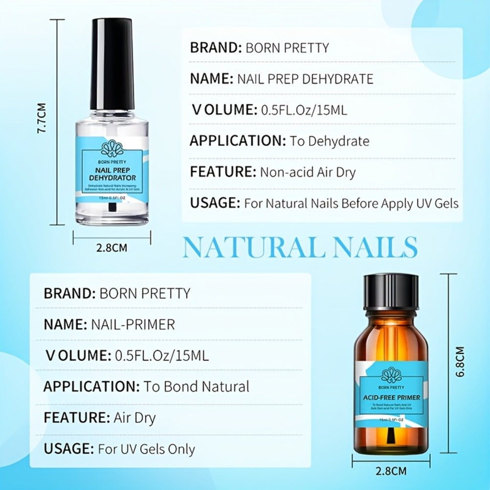 Gel Nail Prep Kit 4-Piece BORN PRETTY — Nail Dehydrator 15ml, Primer 15ml, Base Gel 10ml & Super Top Coat 10ml for Semi-Permanent Long-Lasting Gel Manicure, Salon & Home Use