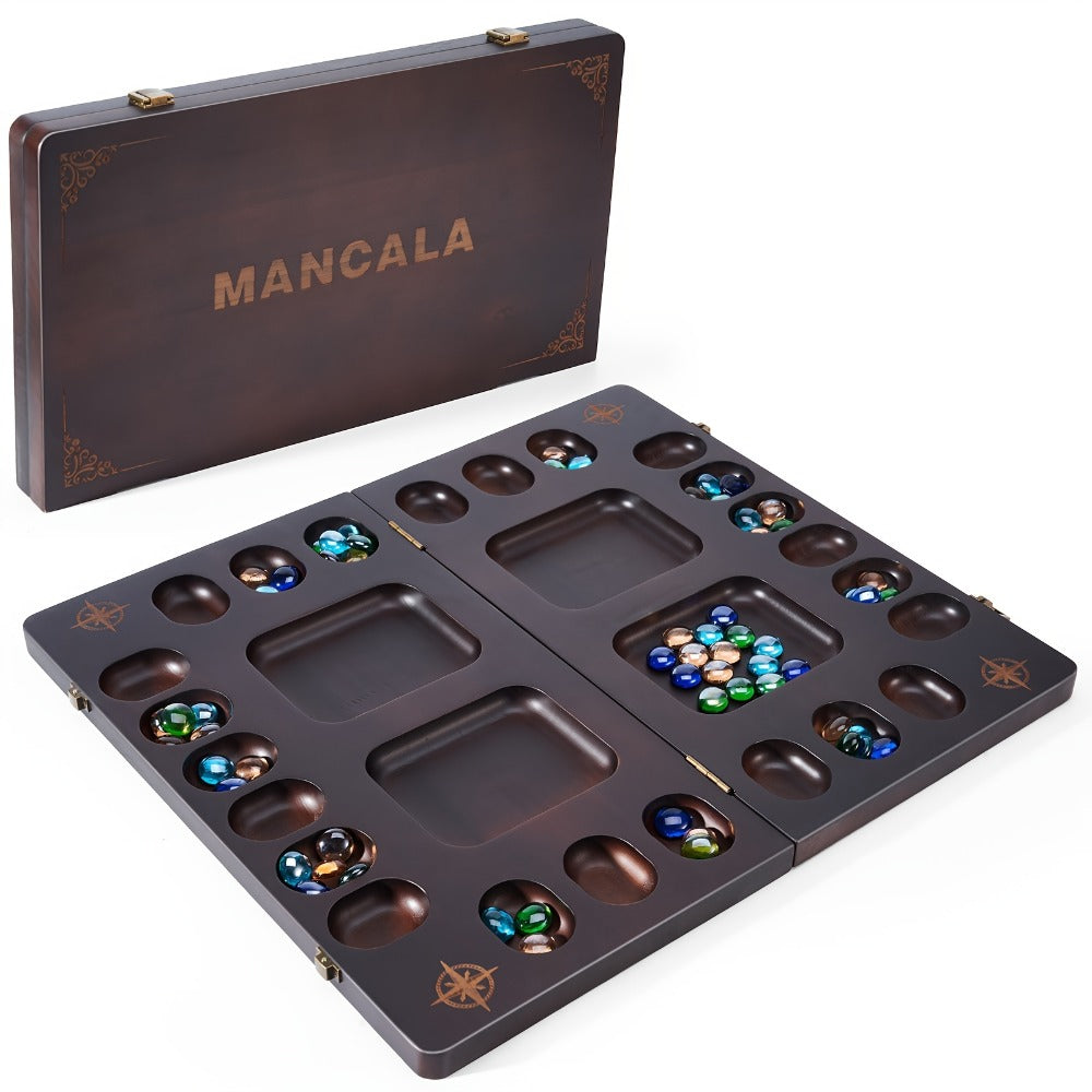 4-Player Mancala Game Set – Premium Solid Wood Folding Board with 108 Multi-Color Glass Stone Beads & Instructions, Upgraded Multiplayer Strategy Game for Teens & Adults, Perfect Family Gift Ages 14+