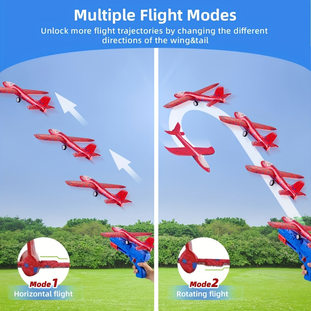 Foam Airplane Launcher Toy Set with 3 Foam Planes & Catapult – 2 Flight Modes Outdoor Flying Glider Toy for Kids Boys Girls Ages 3+, Birthday Gift