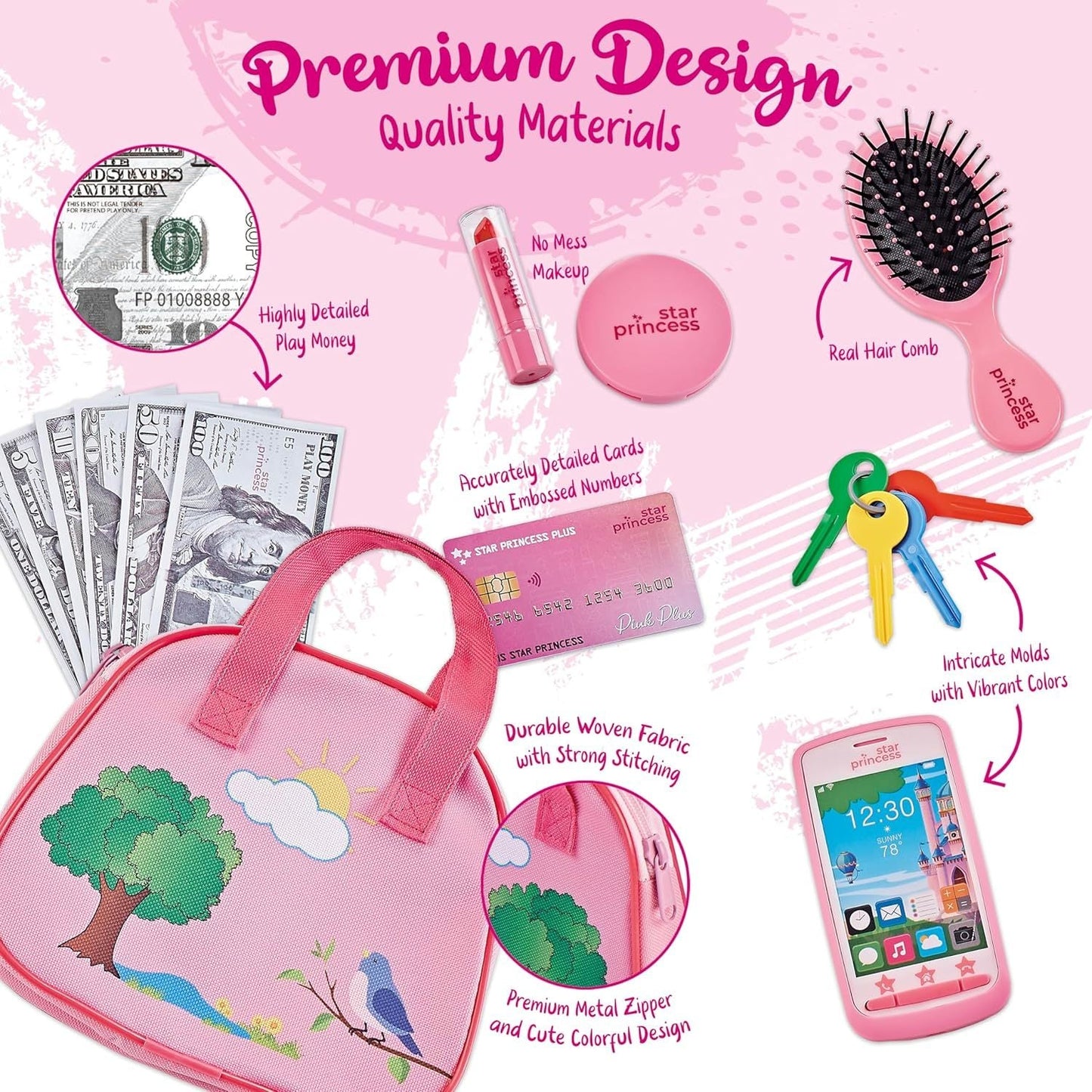 Girls Play Purse Set with Accessories 9pcs – Pretend Makeup, Toy Keys, Fake Phone & Credit Card | Toddler Dress Up Handbag Role Play Toy, Birthday & Christmas Gift for Little Girls Ages 3 4 5 6