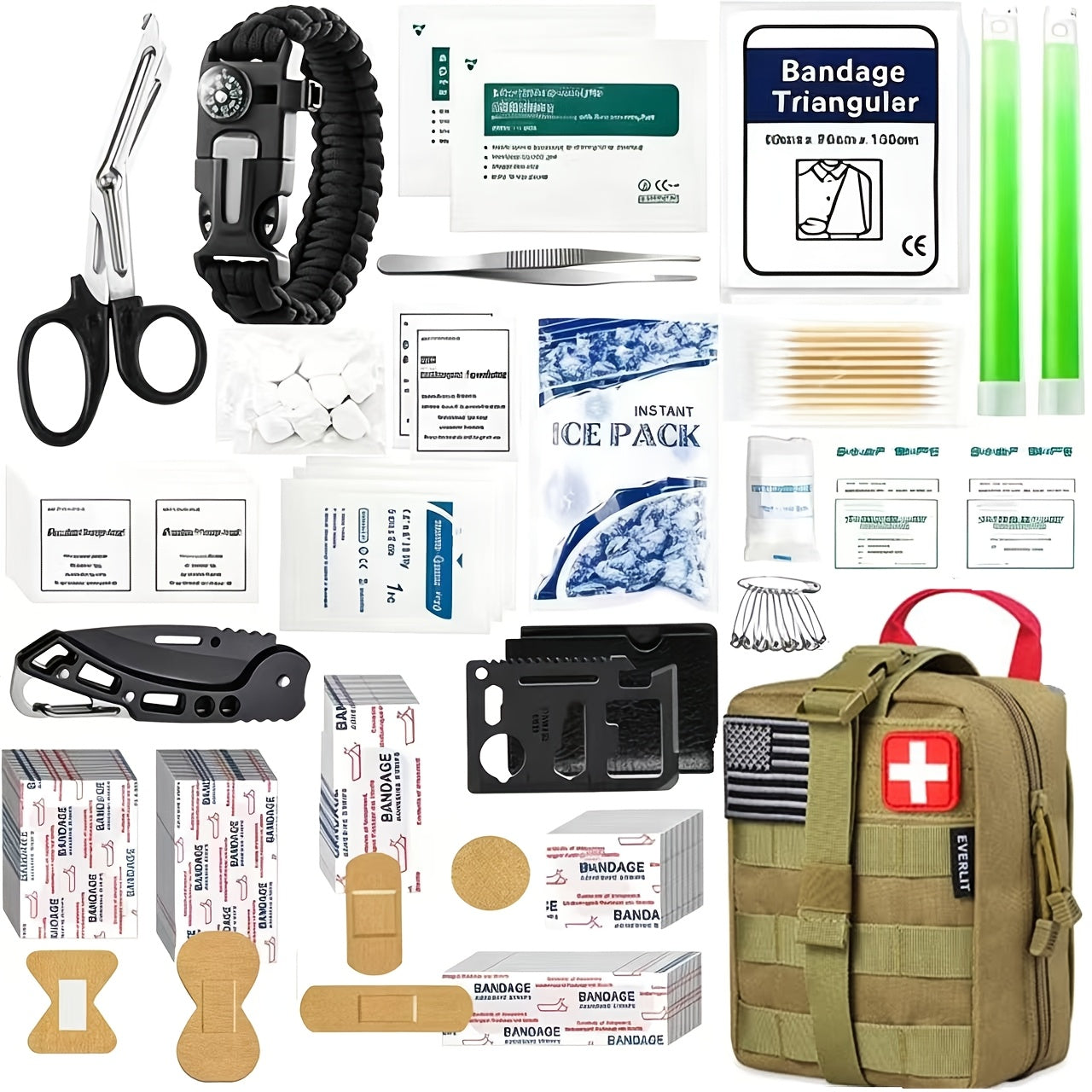 258-Piece Outdoor Survival Kit with Igniter Compass Multi-Tool Professional Camping Gear for Men Hiking Hunting Emergency Khaki Army Green Red Beige Camo