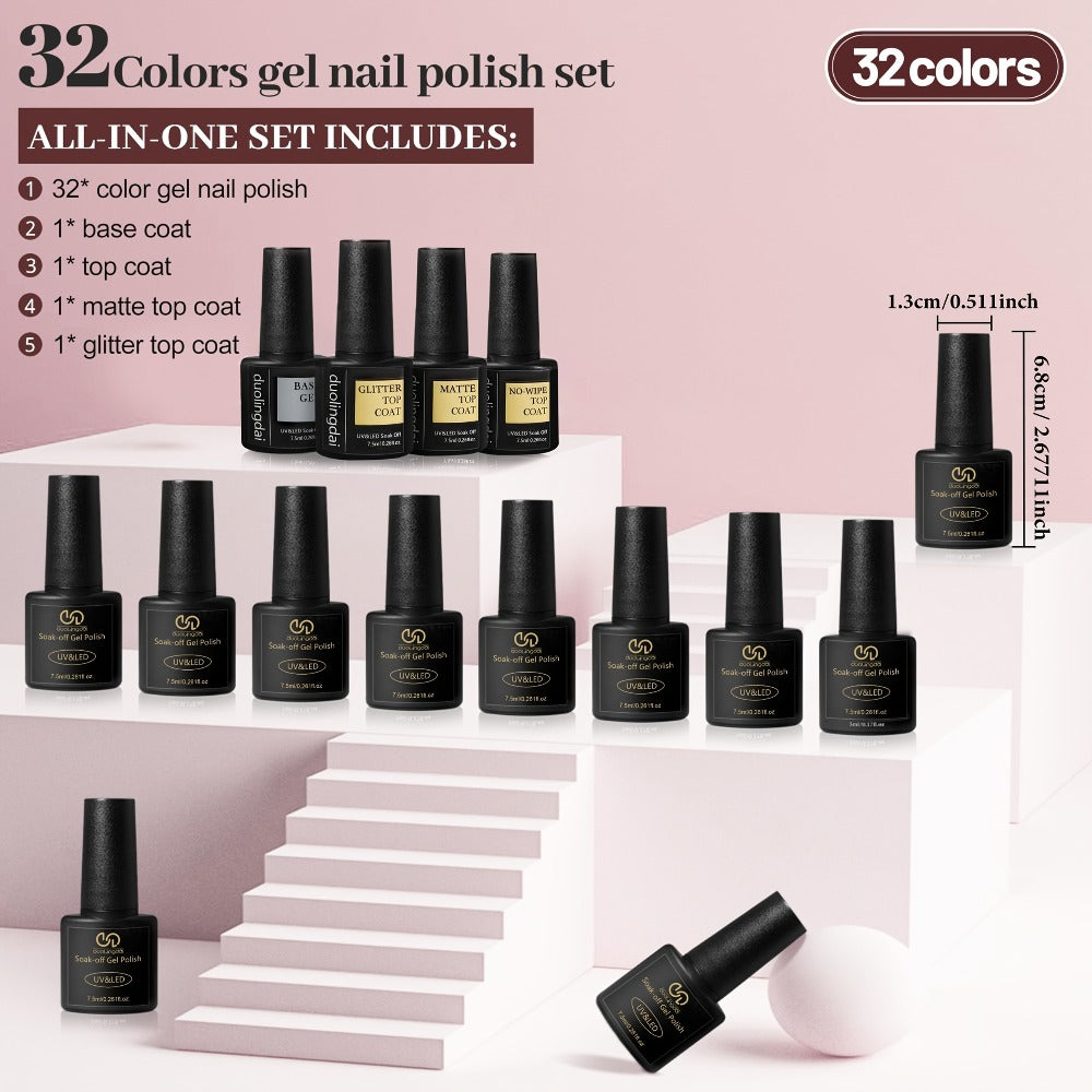 Gel Nail Polish Set 36Pcs – 32 Colors Kit with Base Coat Glossy Matte & Glitter Top Coat, Green Blue Red Pink Collection, UV LED Soak-Off Gel Polish Gift Set for Women
