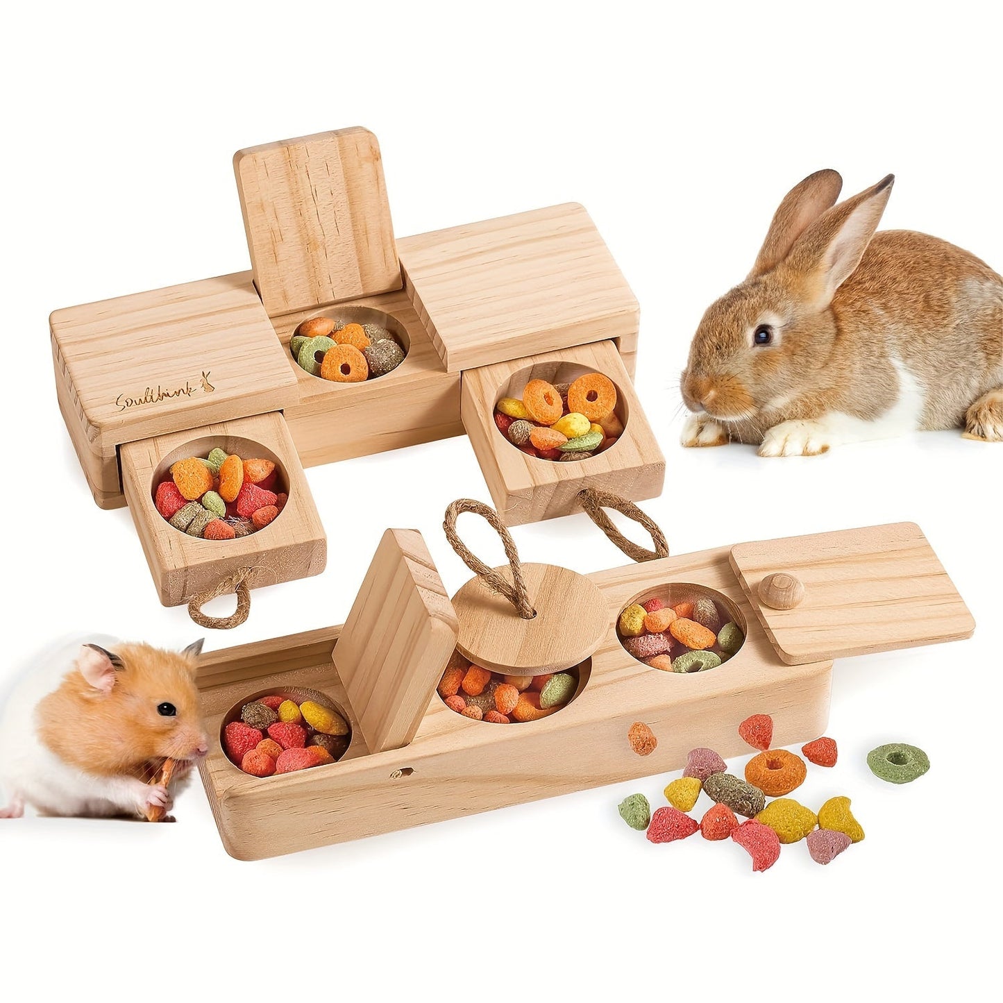 Rabbit Enrichment Toy Wooden Interactive Treat Dispenser – Sniff N’ Snack Puzzle Box for Bunnies, Hamsters & Guinea Pigs | Boredom Buster Foraging Toy Better Than Snuffle Mat, 2 Sets