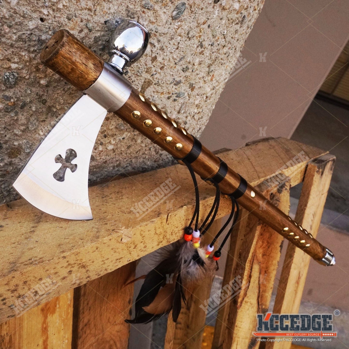 Native American Tomahawk Hatchet Replica 19in – Decorative Peace Pipe Axe with Wooden Handle, Feather & Brass Accents, Southwestern Western Decor Collectible, Cosplay Prop & Unique Gift for Men Dad