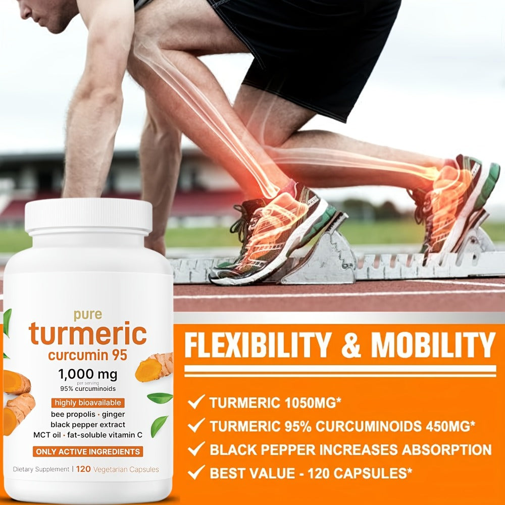 Turmeric Curcumin 1000mg 120 Capsules Triple Action Supplement with Ginger, Black Pepper & Bee Propolis for Heart, Brain & Joint Support, Natural Anti-Inflammatory for Men & Women